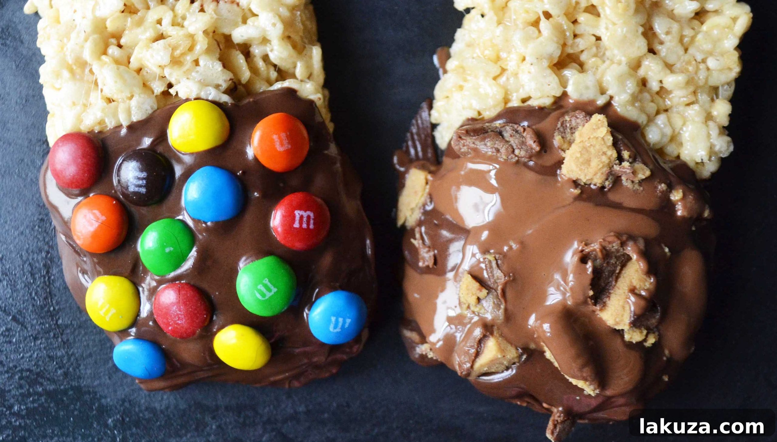 Irresistible Chocolate Coated Krispie Bars 5 A selection of chocolate-dipped Rice Krispies Treats, some with festive red, white, and blue sprinkles, perfect for patriotic celebrations.