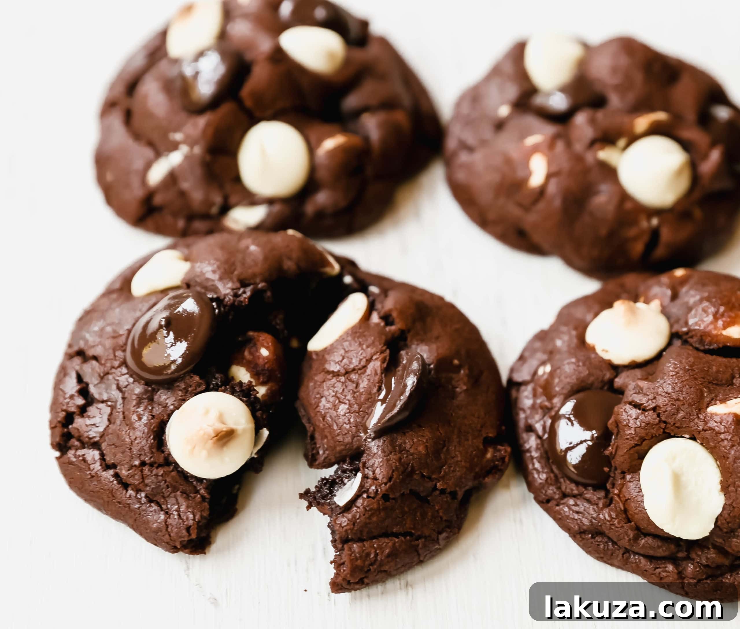 Rich and chewy Bakery-Style Chocolate White Chocolate Chip Cookies, showcasing their thick texture and generous chocolate chunks.