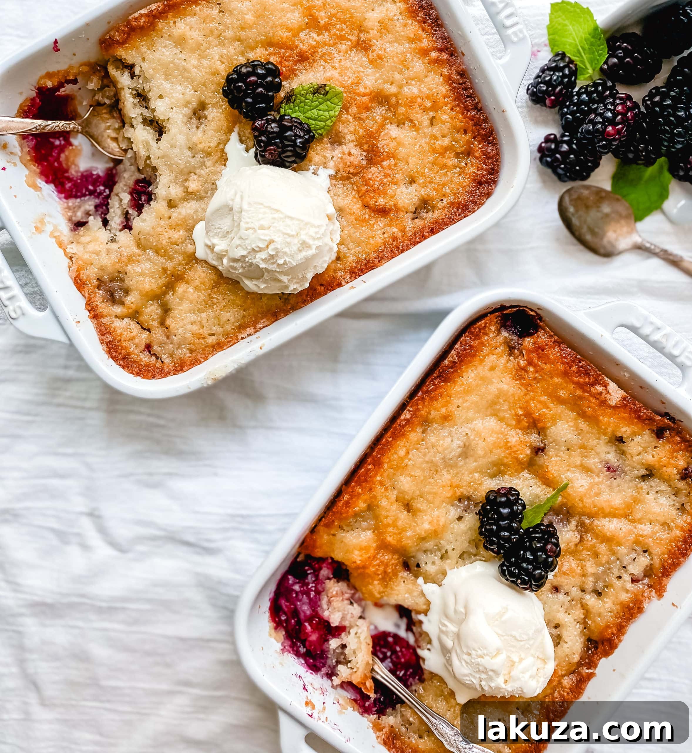 Close-up of baked blackberry cobbler with a golden brown crust.