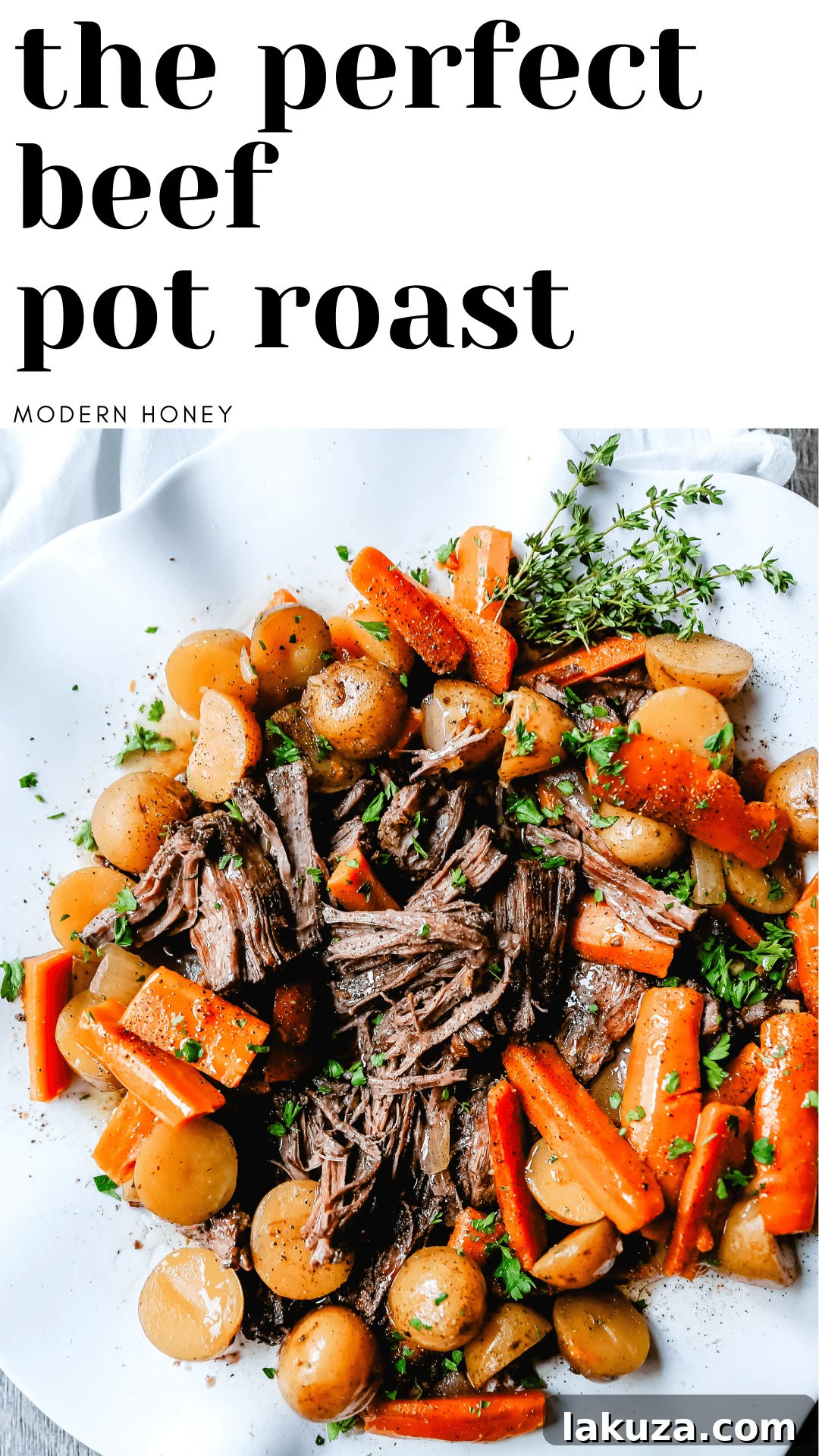 A serving of succulent beef pot roast, garnished with fresh parsley and surrounded by tender carrots and potatoes, ready to be enjoyed.