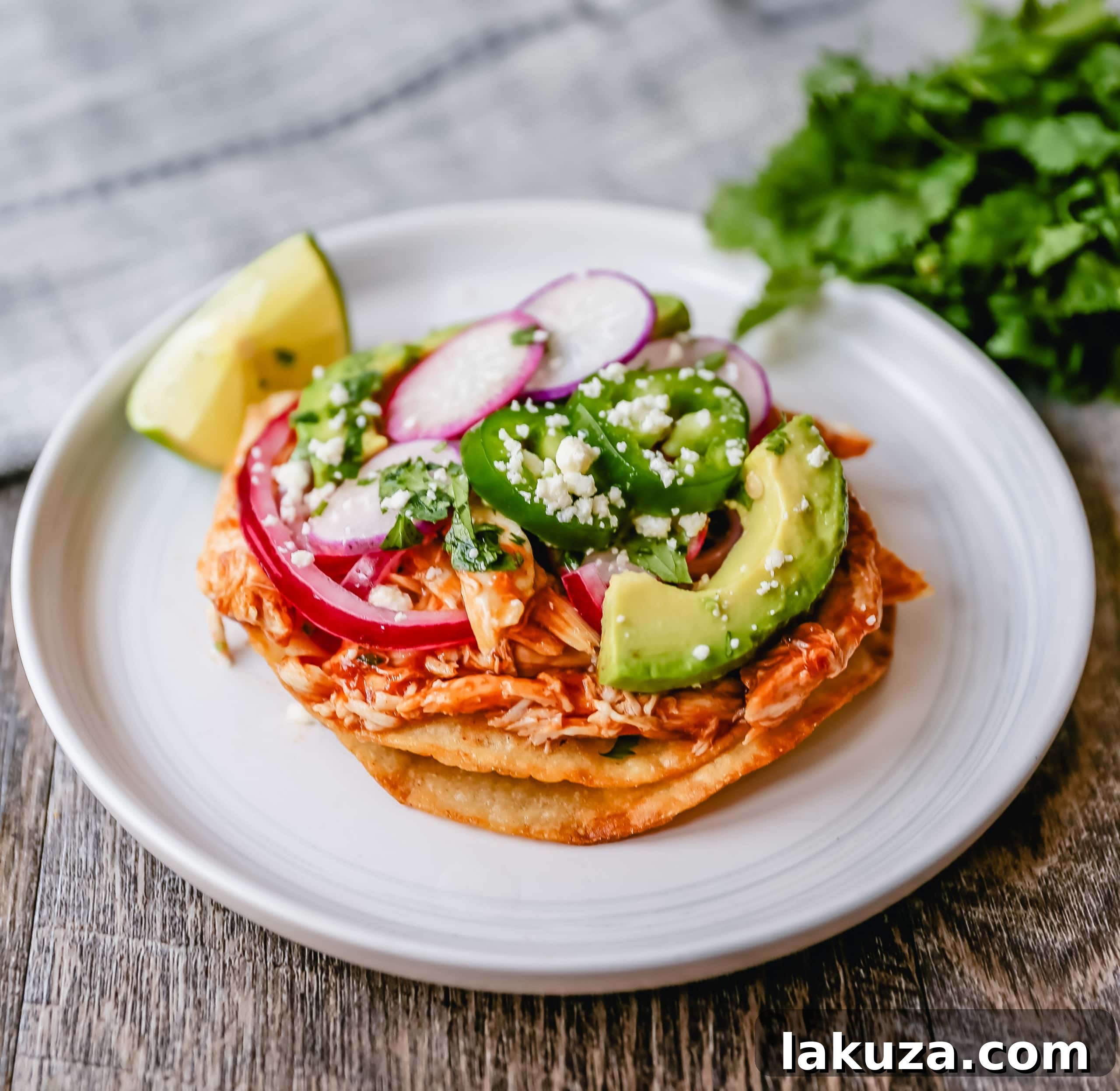 Fiesta Chicken Tostadas 4 A plate of vibrant Chicken Tostadas topped with fresh ingredients and a side of pickled red onions