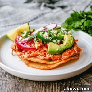 Fiesta Chicken Tostadas 6 Chicken Tostadas Chile Chicken Tostadas made with homemade tostada shells topped with chile spiced chicken topped with cotija cheese, cilantro, pickled red onion, fresh avocado, and jalapeños.