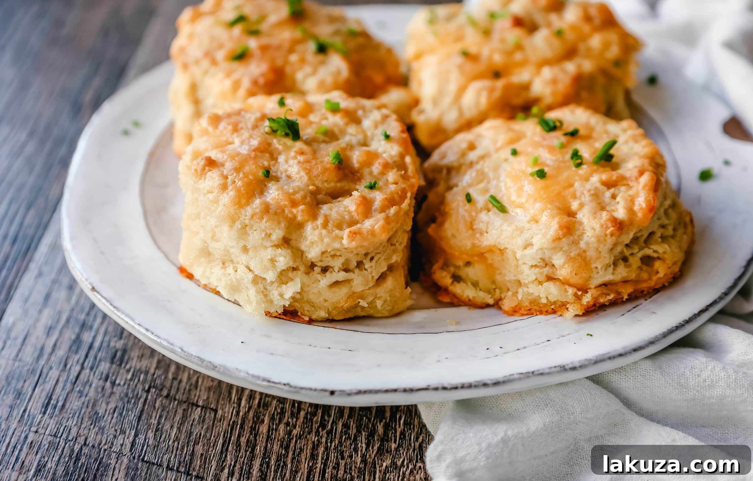 Close-up of golden brown homemade cheesy garlic biscuits stacked on a plate, showcasing their fluffy texture.