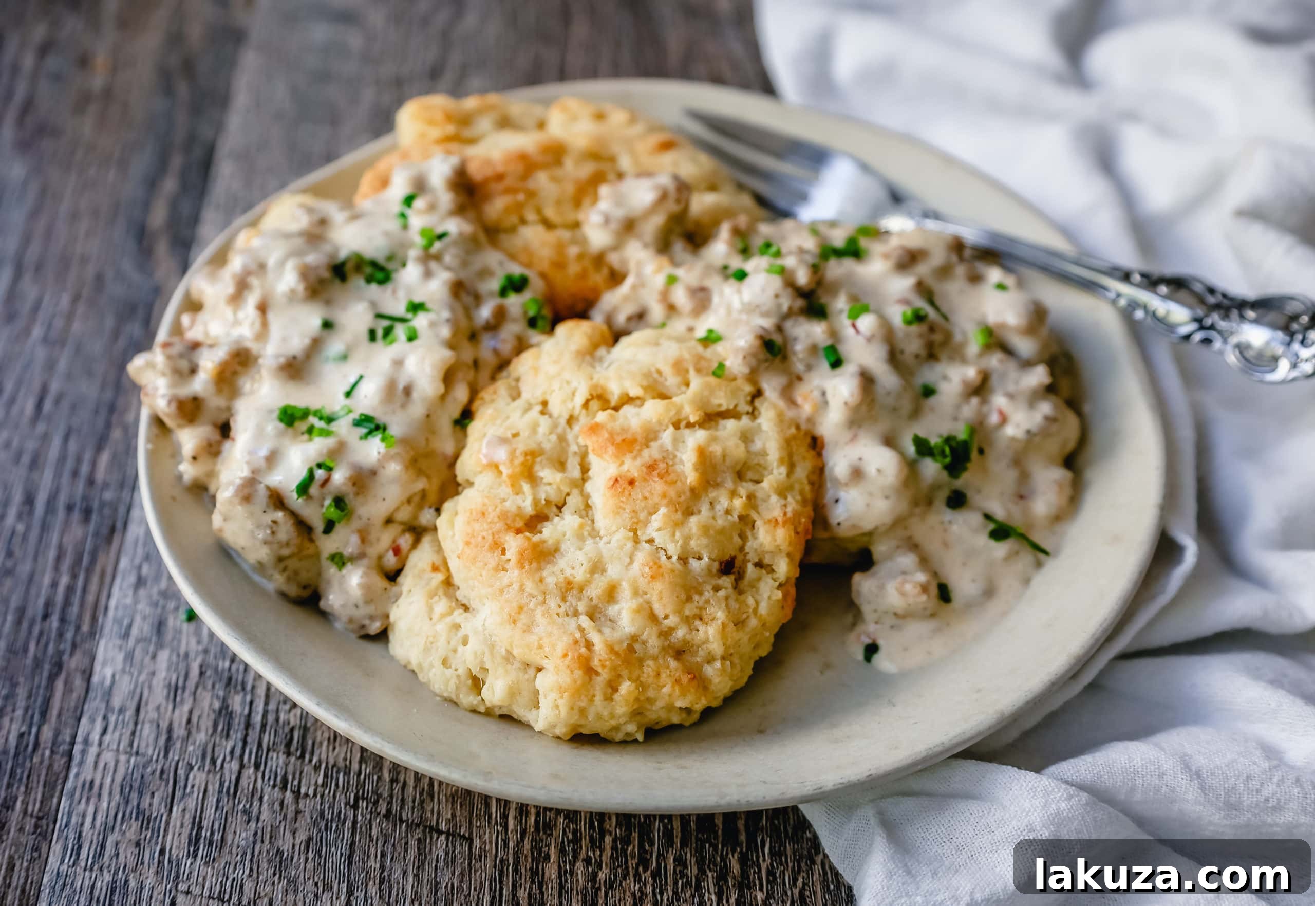 Flaky Homemade Biscuits and Creamy Sausage Gravy served fresh for breakfast. A classic Southern comfort food dish.
