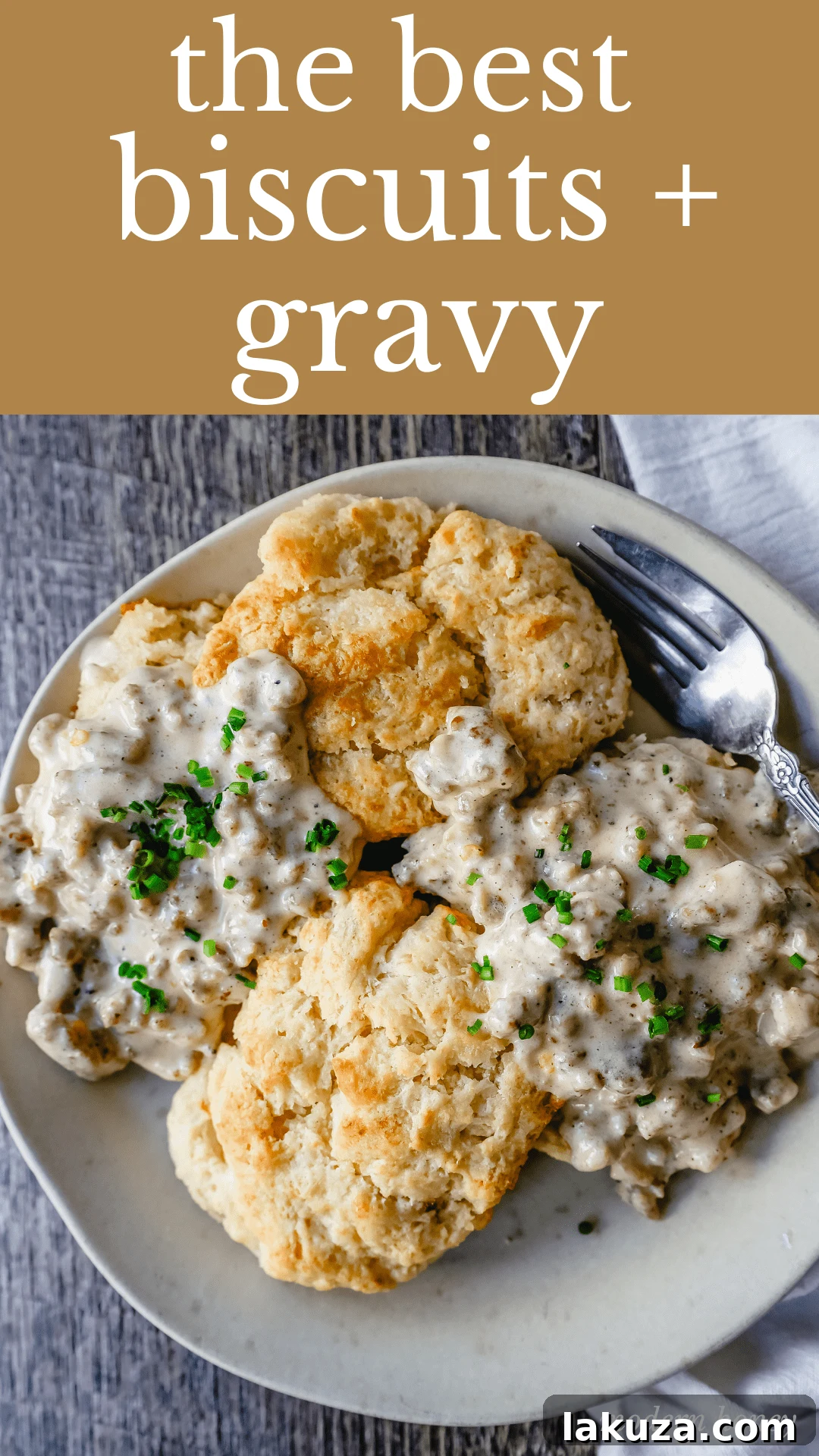 Platter of freshly made Homemade Biscuits and Gravy, ready to serve as a hearty breakfast or brunch.