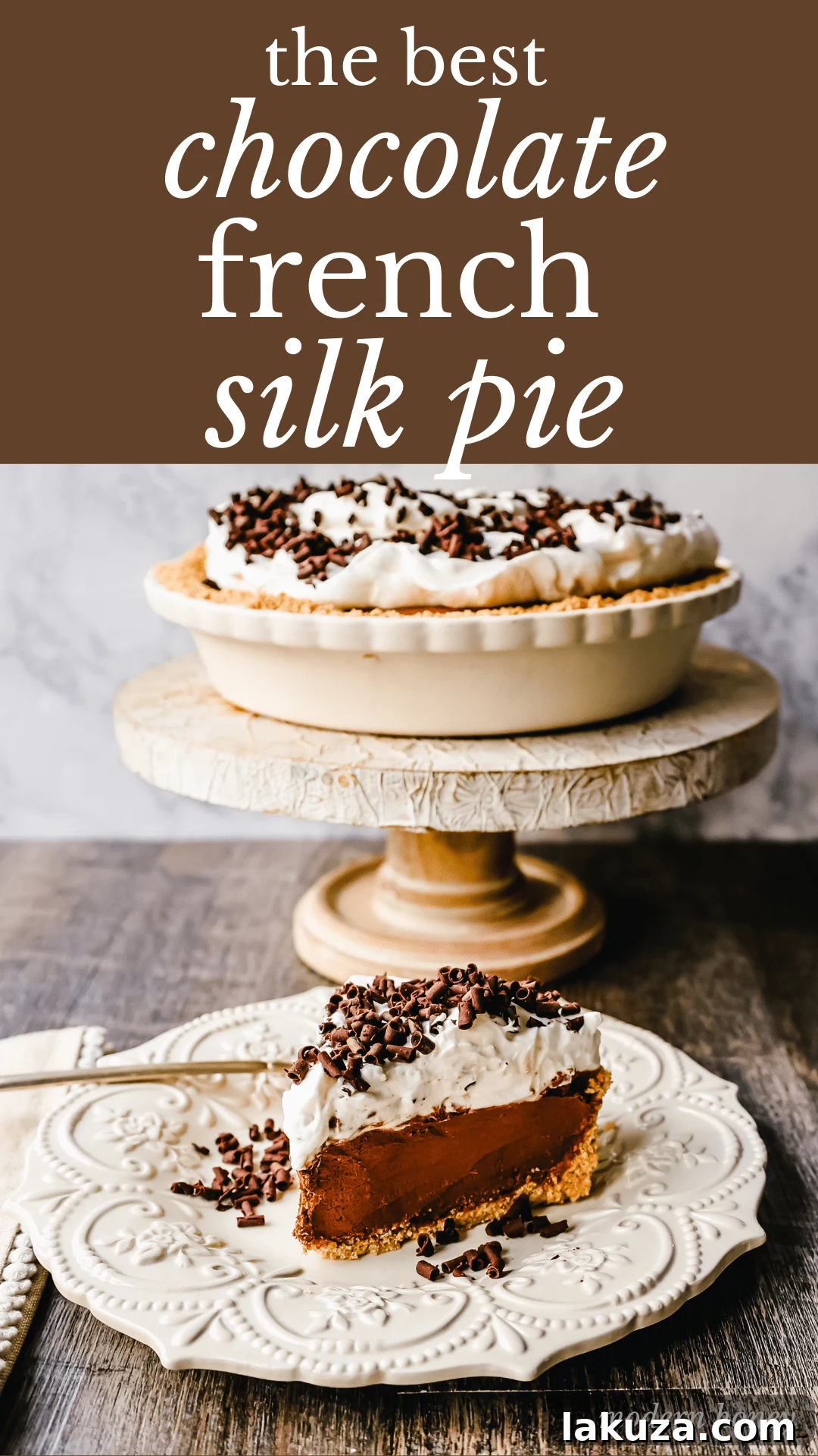 A vibrant, close-up shot of a French Silk Pie slice, perfectly showing off its layers and tempting texture.