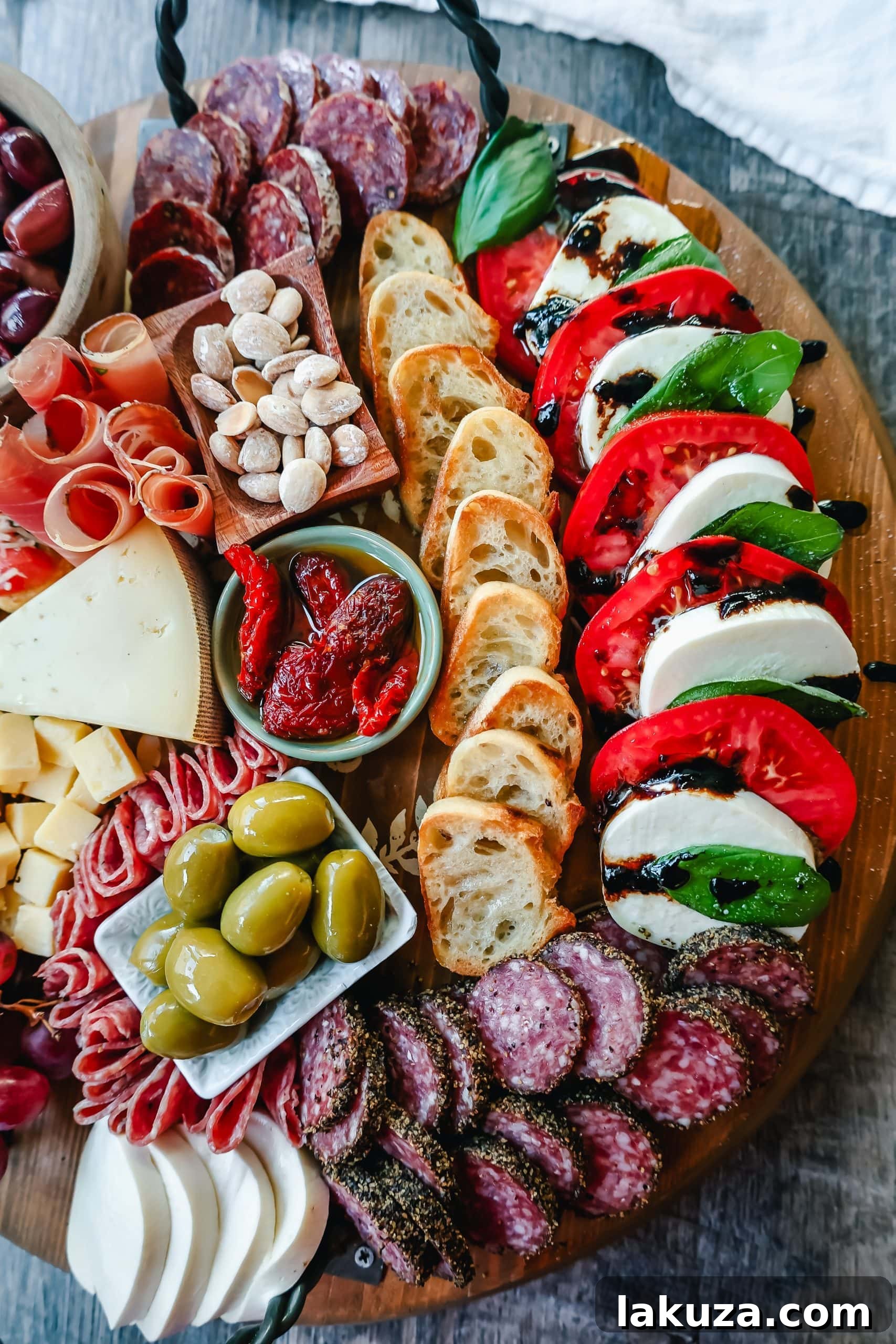 A vibrant Italian Charcuterie board brimming with various Italian meats, cheeses, fresh fruits, vegetables, and complementary sauces. An ideal appetizer for any Italian-themed gathering.