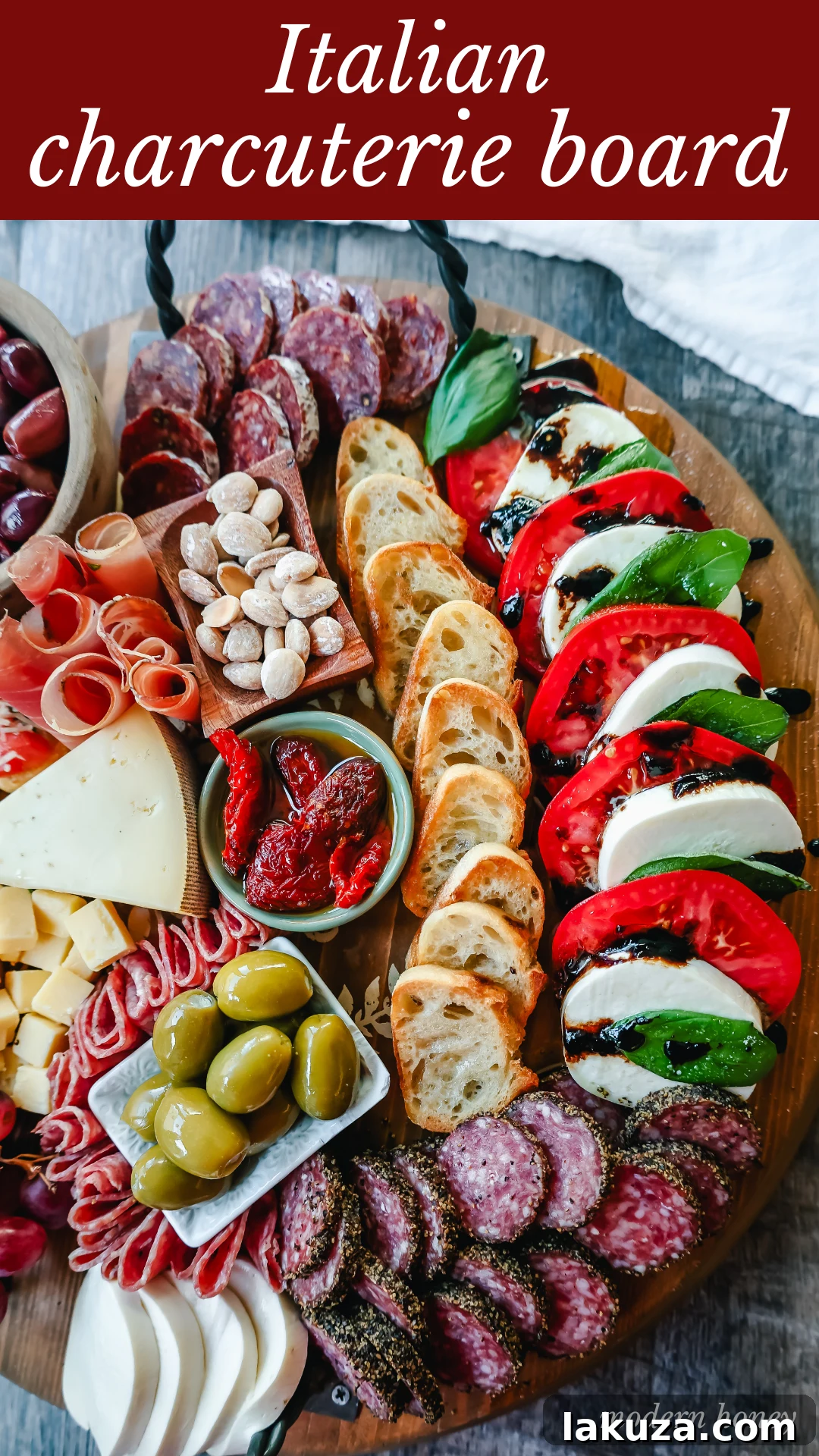 A top-down view of an Italian Charcuterie board, exquisitely arranged with a variety of cheeses, cured meats, fresh and dried fruits, nuts, and an assortment of olives and bread, ready to be enjoyed.