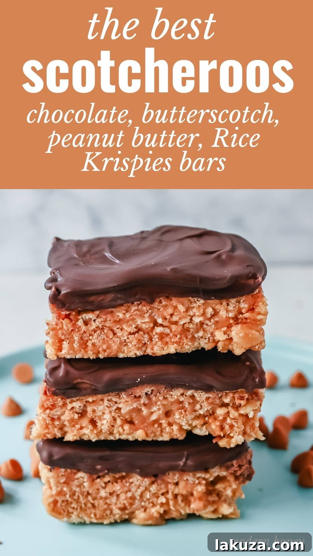 Scotcheroos. A dessert bar made with chocolate, peanut butter, butterscotch, and Rice Krispies. An easy no-bake dessert bar made in minutes!