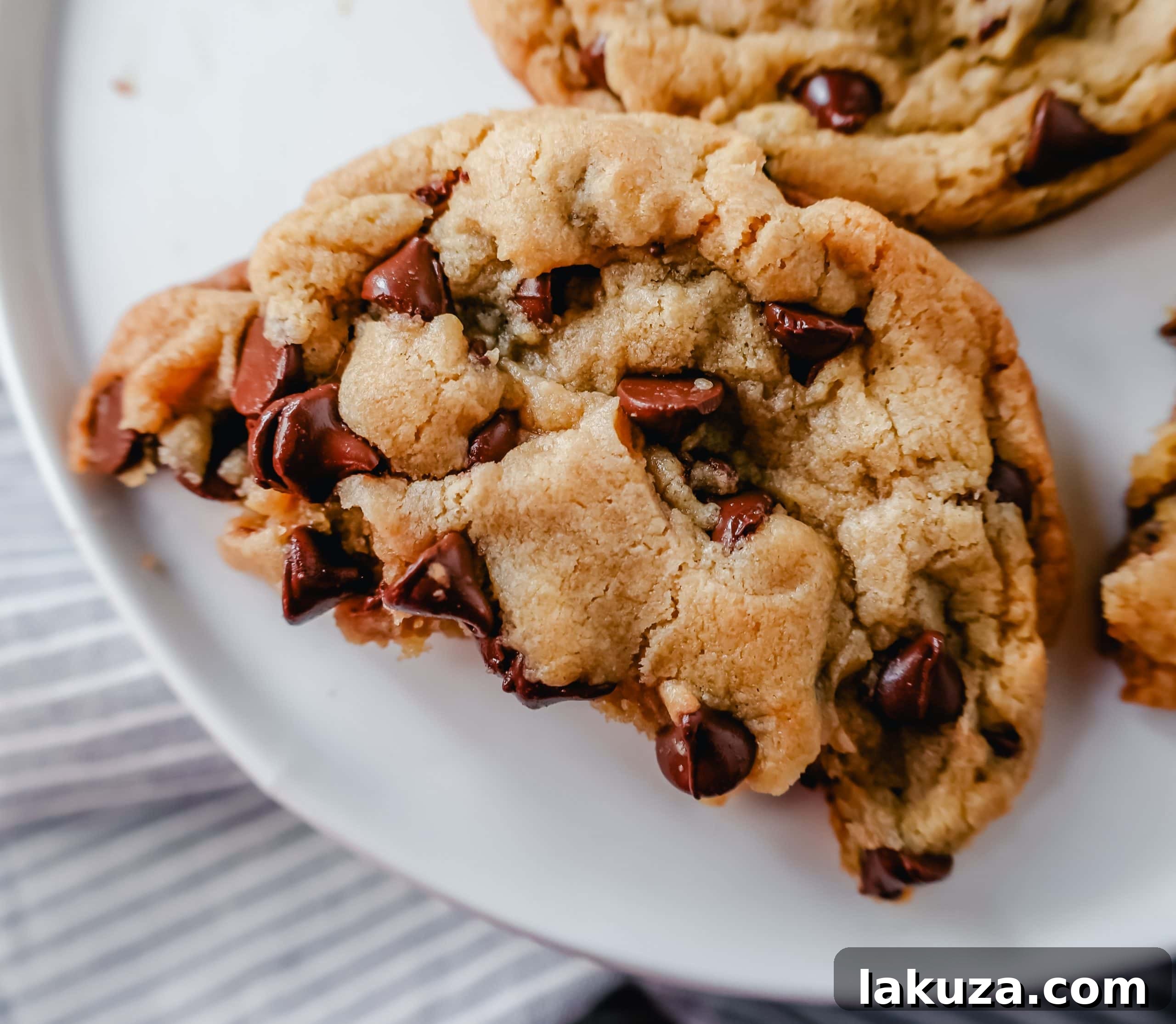 Sweetheart Chocolate Chip Cookies for Two 5 Overhead shot of two chocolate chip cookies on a white plate, ready to be enjoyed.