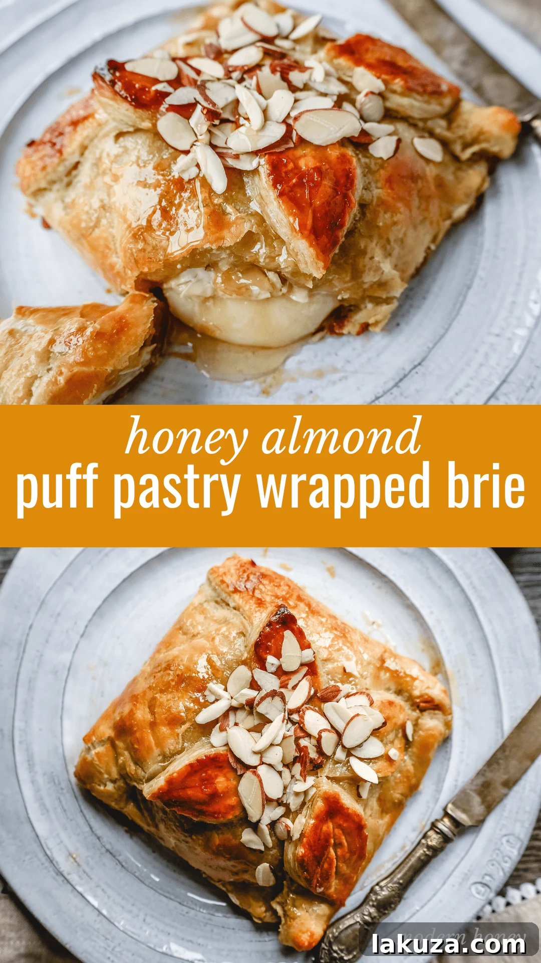 Golden Honey Almond Baked Brie 7 Sliced Honey Almond Puff Pastry Wrapped Brie on a serving platter with crackers and fruit.