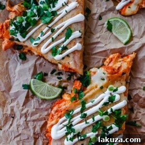 Buffalo Chicken Quesadilla with shredded chicken and melted cheese.
