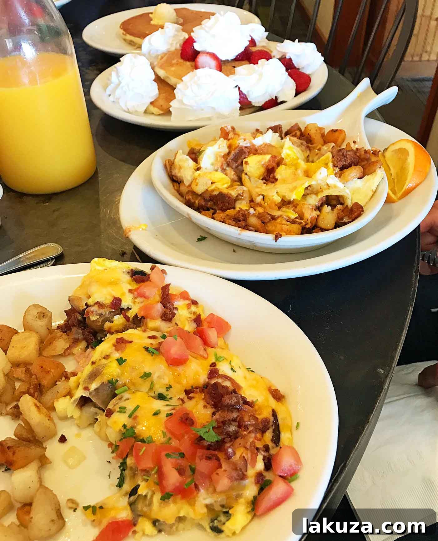 T.C. Eggington's in Mesa, a family favorite for 25 years, offers breakfast perfection with dishes like O'Pear Grenache Omelette, Famous French Toast, and Cobblestone Pancakes.