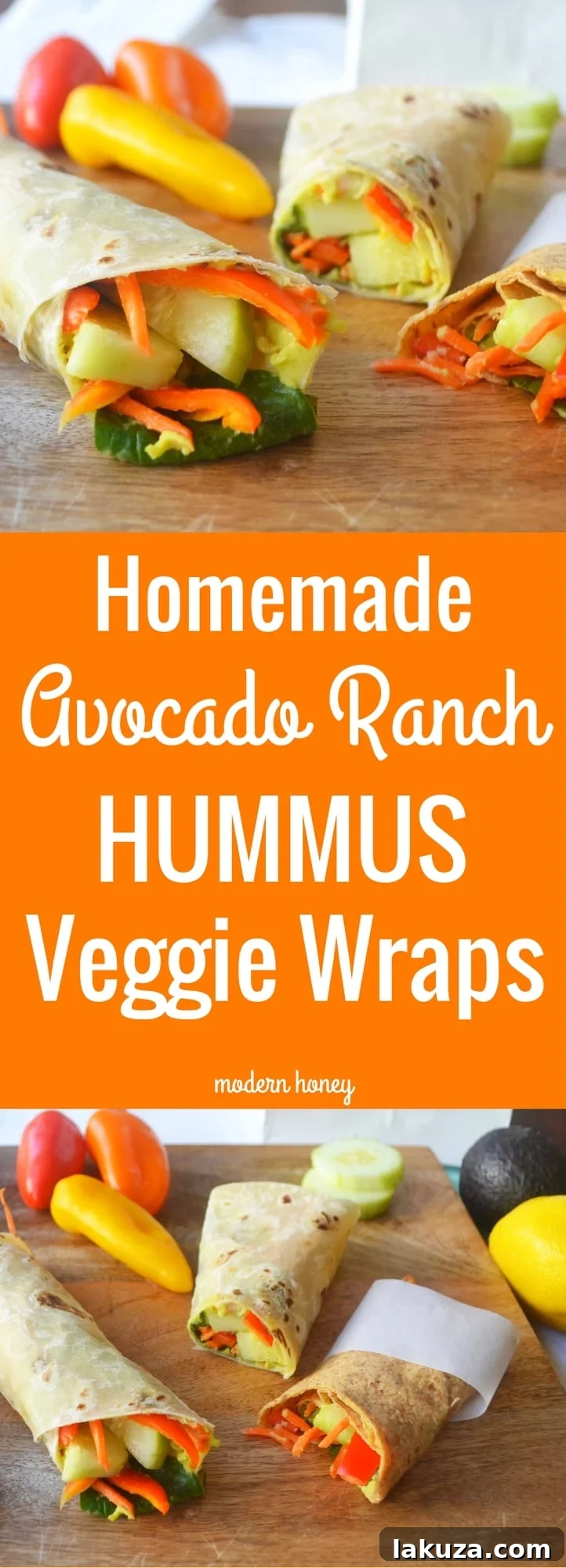 Homemade Avocado Ranch Hummus Veggie Wraps: a healthy, appealing school lunch for kids. Features chickpeas, ranch powder, lemon, avocado, and various fresh vegetables in a soft tortilla.