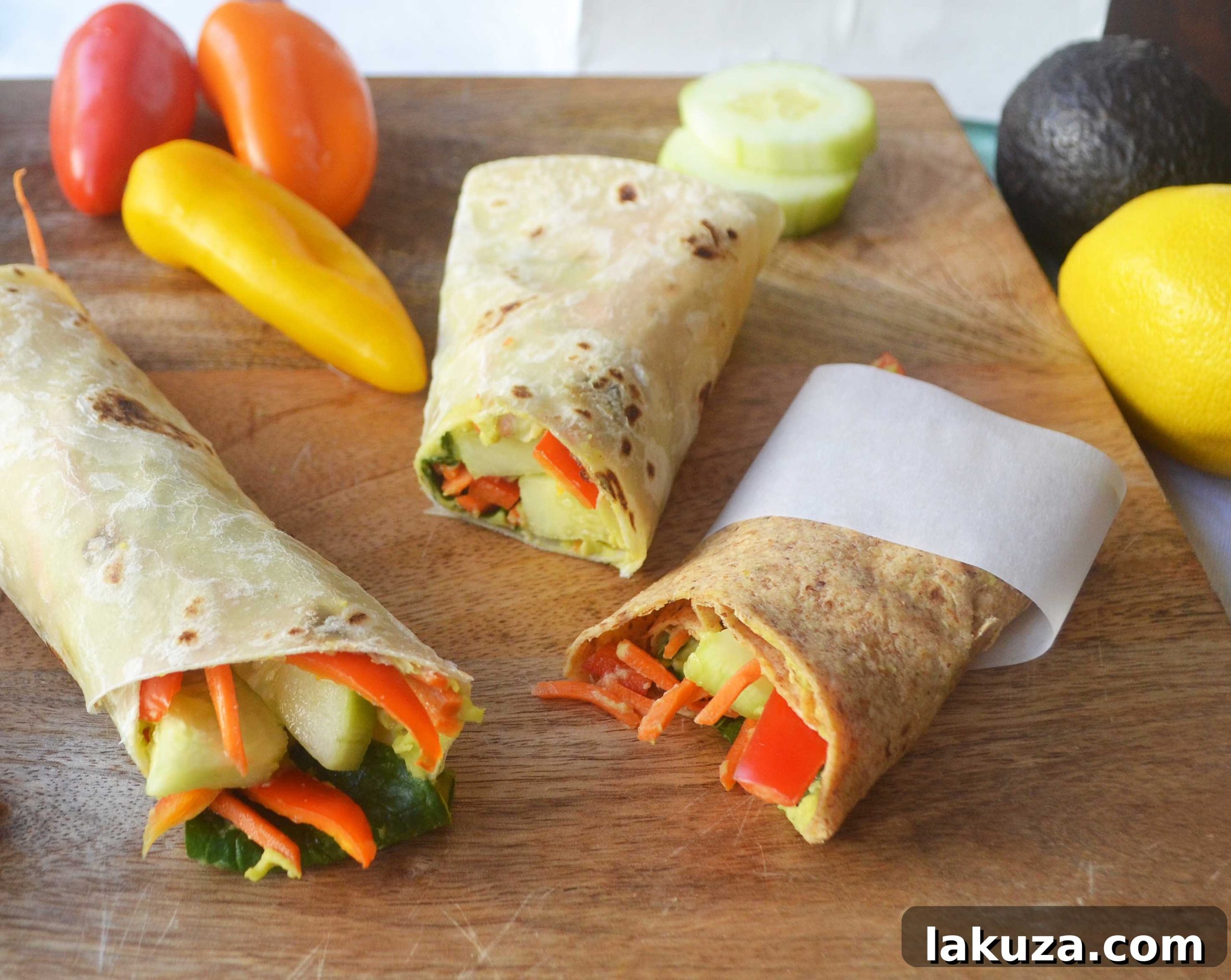 Freshly rolled Avocado Ranch Hummus Veggie Wraps, a vibrant and healthy meal option.