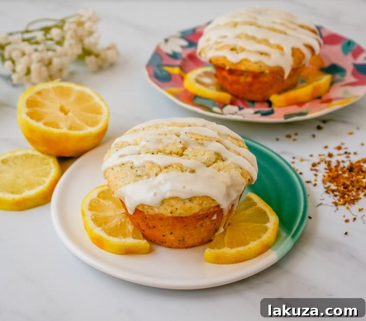 The most tender, moist, light, fluffy, and tangy lemon poppyseed muffins with a sweet lemon glaze. The best lemon poppyseed muffin recipe!