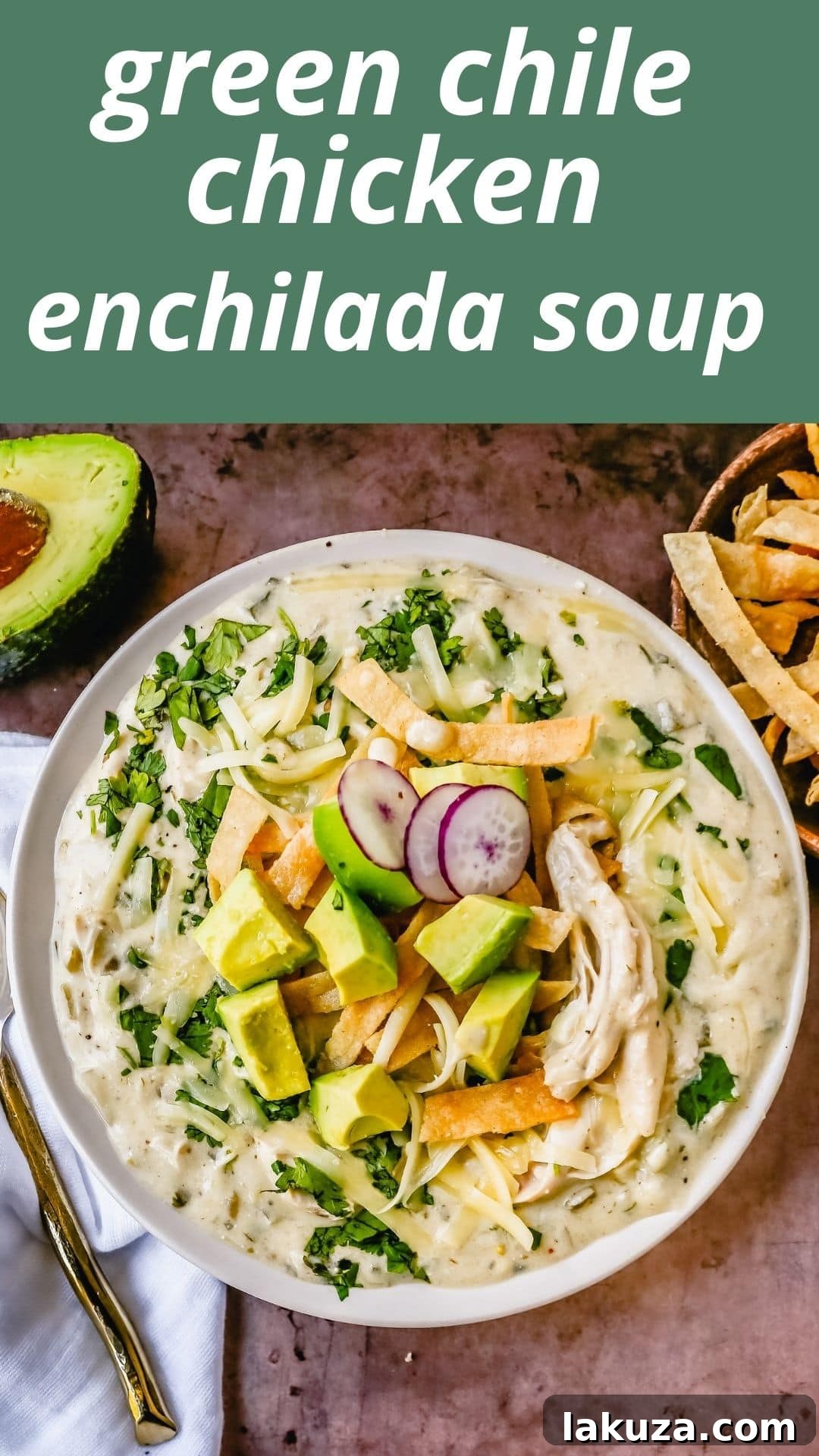 Hearty Southwestern Chicken Enchilada Soup 6 Overhead shot of Green Chile Chicken Enchilada Soup garnished with lime, avocado, and tortilla strips.