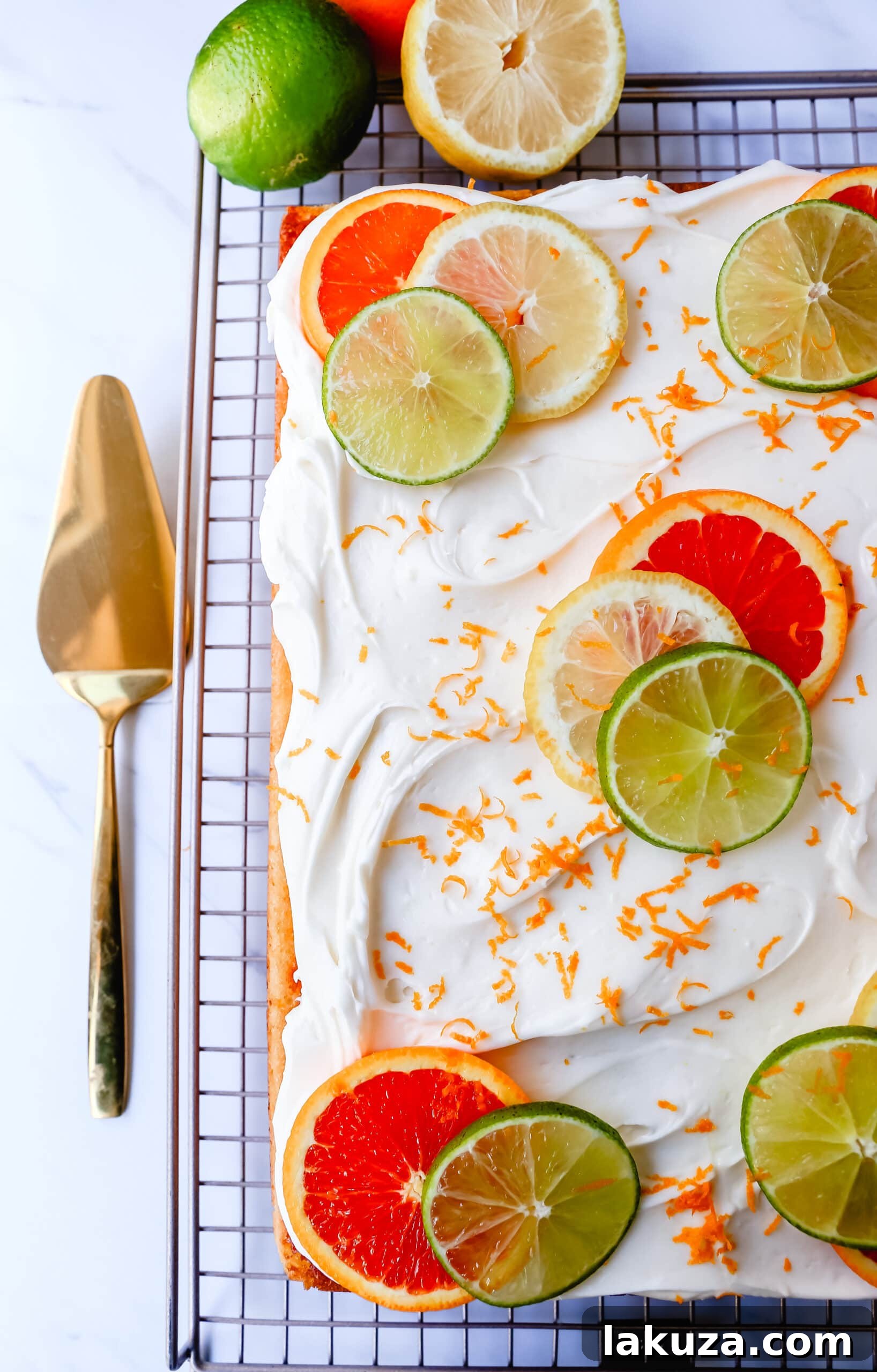 Zesty Citrus Sheet Cake 6 Citrus Sheet Cake made with fresh-squeezed orange, lemon, and lime juices in a moist, fluffy cake and topped with a creamy and silky homemade cream cheese frosting and topped with citrus slices. A beautiful Spring and Summer celebration cake!