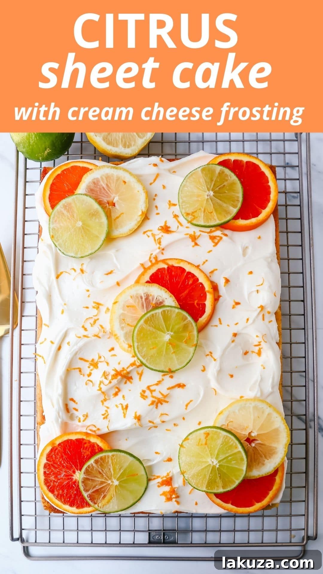 Zesty Citrus Sheet Cake 8 Citrus Sheet Cake made with with fresh squeezed orange, lemon, and lime juices in a moist, fluffy cake and topped with a creamy and silky homemade cream cheese frosting and topped with citrus slices. A beautiful Spring and Summer celebration cake!