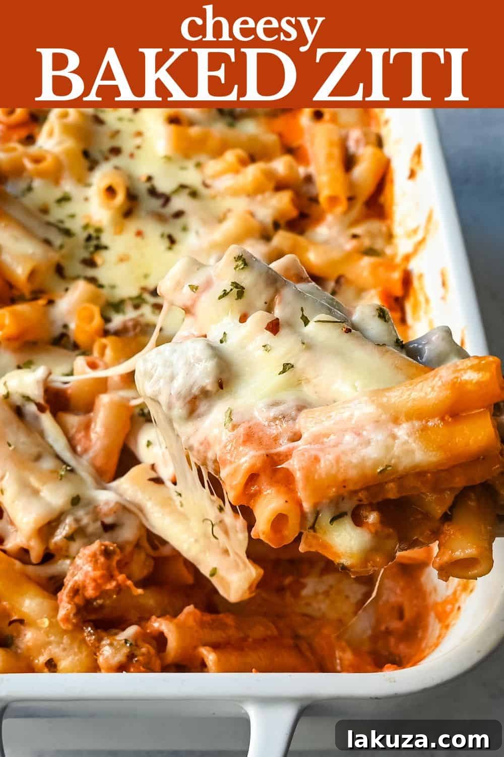 A large baking dish filled with golden-brown baked ziti, ready to be served.