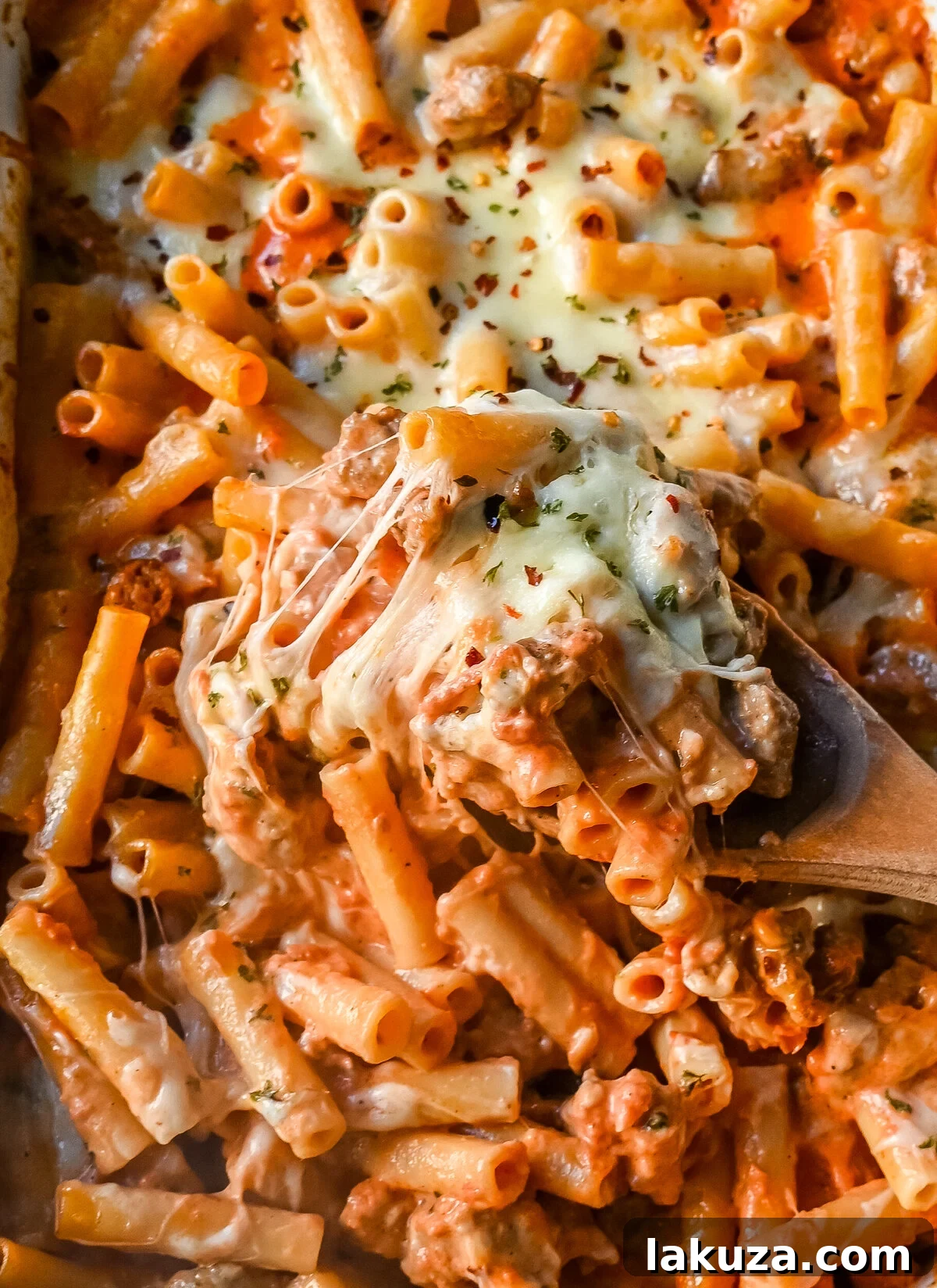 Overhead shot of a full baking dish of Baked Ziti with serving spoon, ready to be served.