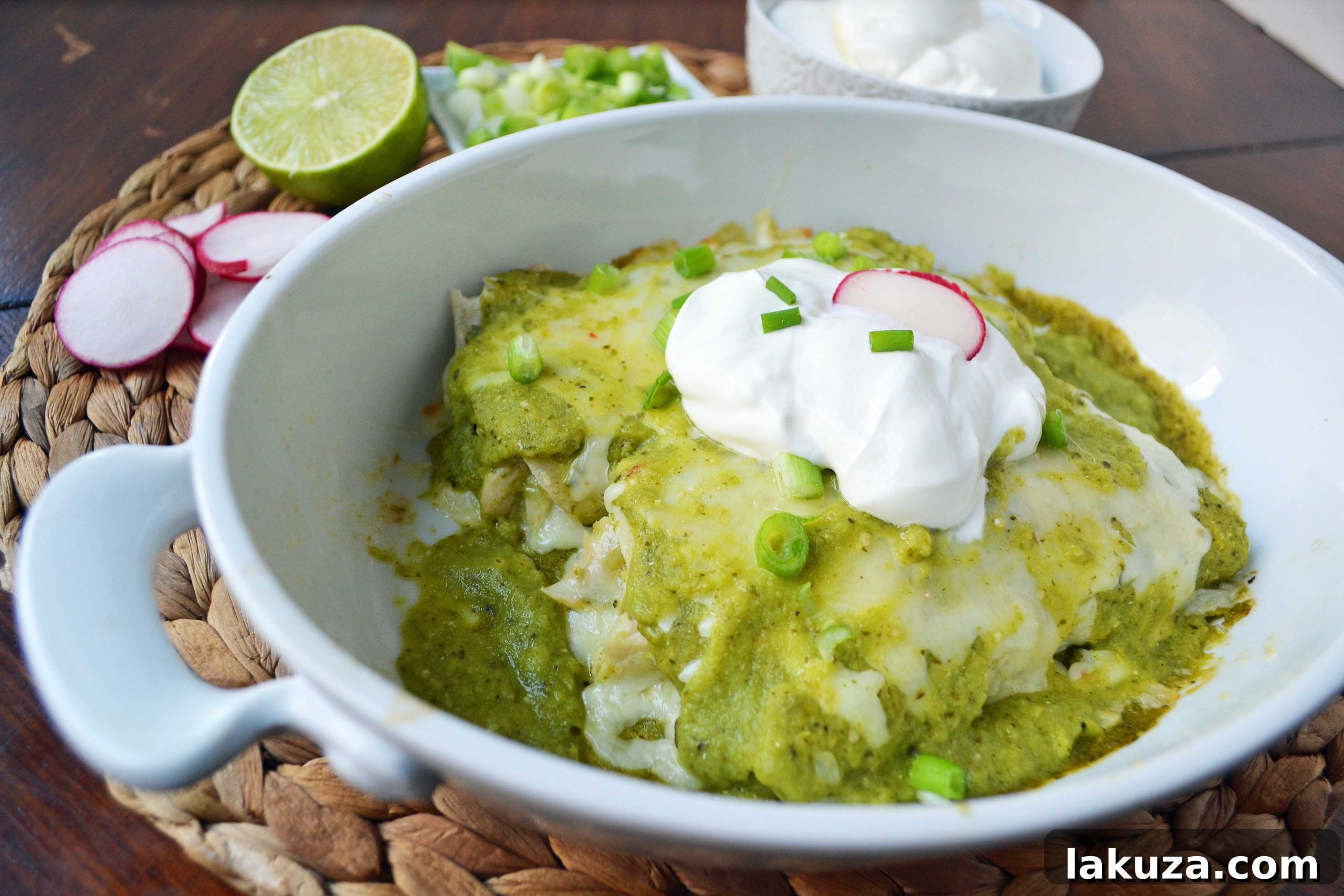 Close-up of baked Chicken Enchiladas Verdes