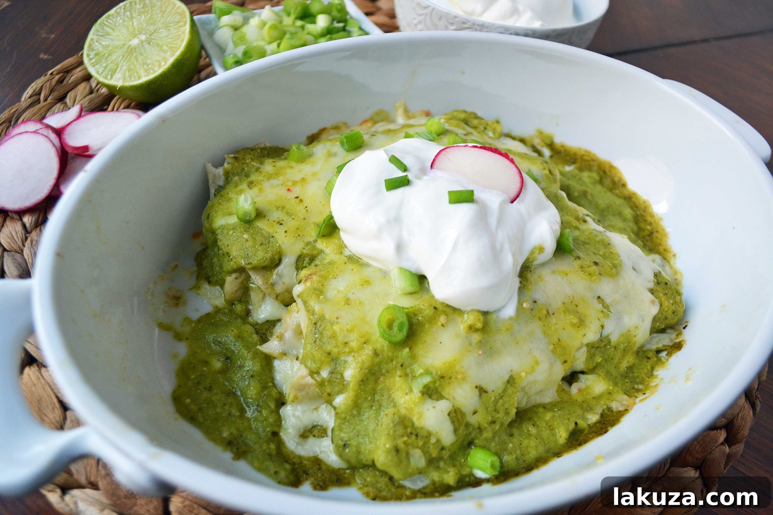Cheesy Chicken Enchiladas Verdes fresh out of the oven