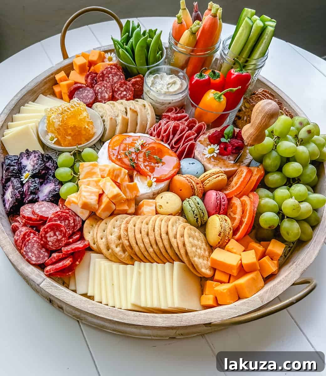Fresh Spring Grazing Board 3 An overhead shot of a Spring Charcuterie Board, showcasing a vibrant mix of fresh produce like raspberries, strawberries, and green grapes, alongside various cheese cubes, neatly folded cured meats, and a scattering of pistachios and edible flowers.