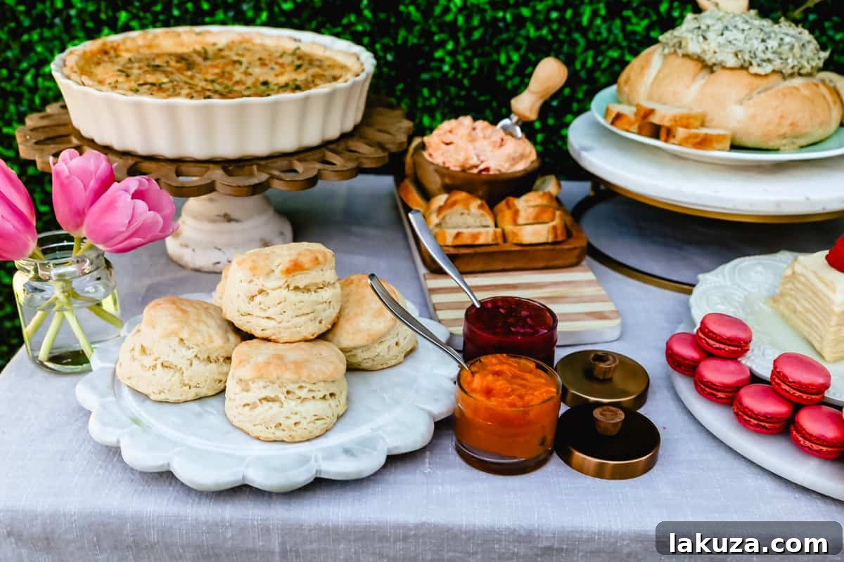 Warm buttermilk biscuits served alongside homemade jam, a comforting and classic addition to any ultimate spring or Easter brunch party spread, reflecting a balance of sweet and savory options.