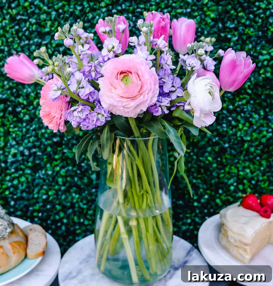 A stunning DIY floral arrangement featuring pink and purple ranunculus and other spring blooms from Trader Joe's. A beautiful centerpiece idea for an Easter or spring brunch.