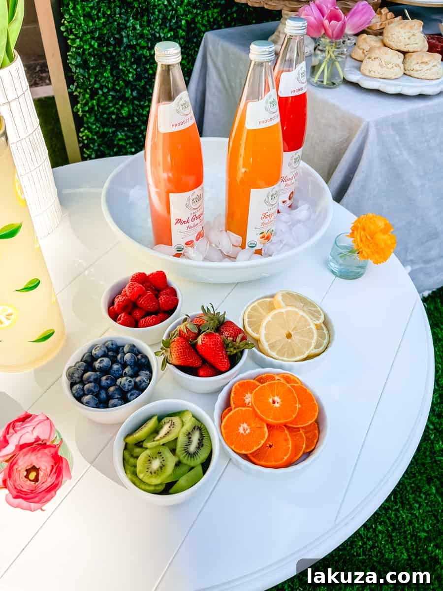A vibrant Italian Soda Drink Bar featuring an array of fresh fruit, creating a refreshing and colorful beverage station for an ultimate spring or Easter brunch party. Showcases creative drink ideas and presentation.