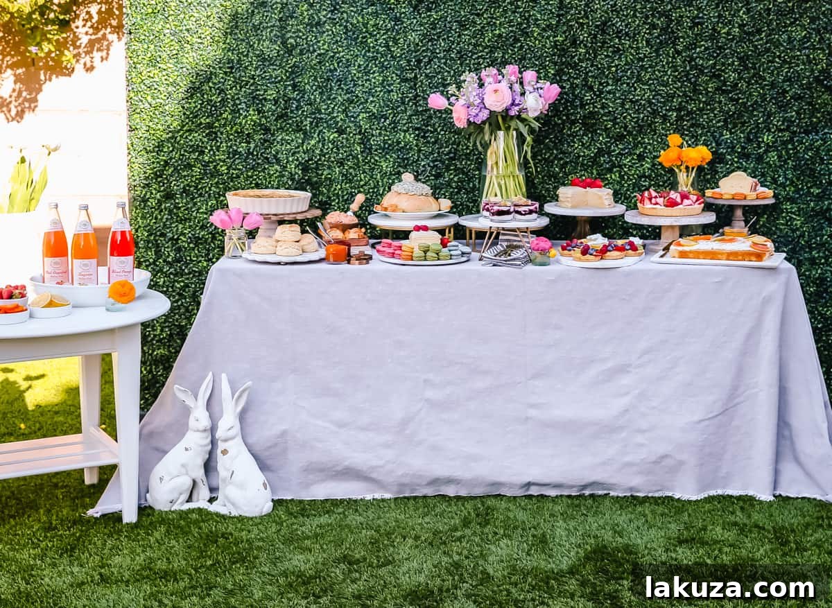 A charming Easter brunch setup with focus on delicious food and elegant decorations, demonstrating how to host an ultimate spring party with a mix of sweet and savory dishes and thoughtful decor.