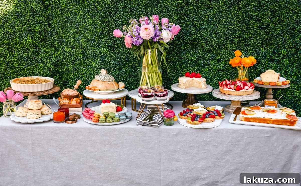 A lavish Easter brunch spread featuring an array of sweet and savory delights, demonstrating how to host an ultimate spring party with diverse food options and elegant decor.