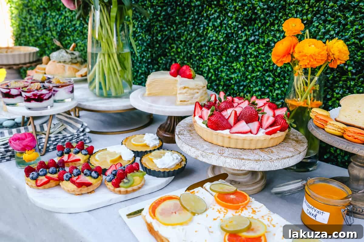 An inviting overhead shot of a diverse Easter brunch table, artfully arranged with various dishes, flowers, and elegant serving ware, providing comprehensive spring party food and decor ideas.
