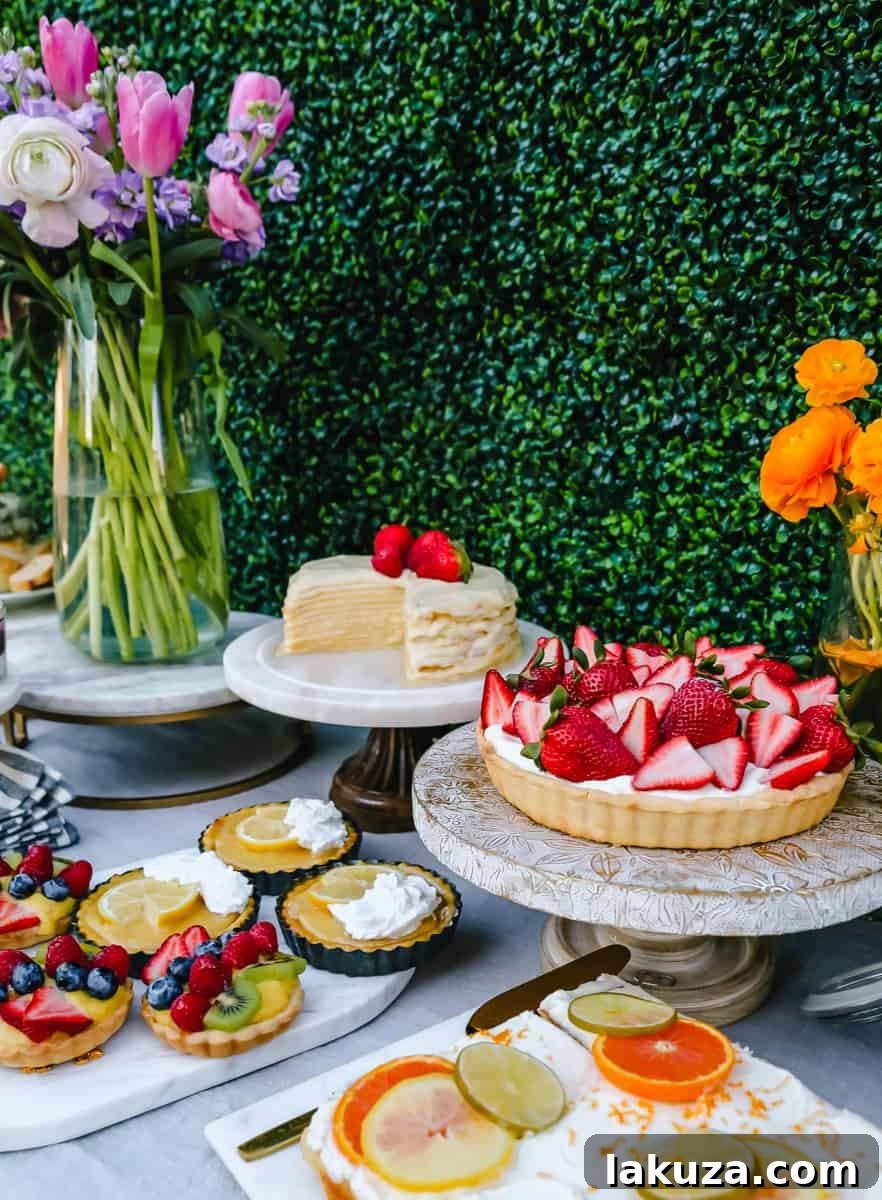 A close-up of a meticulously decorated Easter brunch table, highlighting a charming floral centerpiece and an assortment of sweet and savory items. Offers inspiration for spring brunch party food and table decoration.