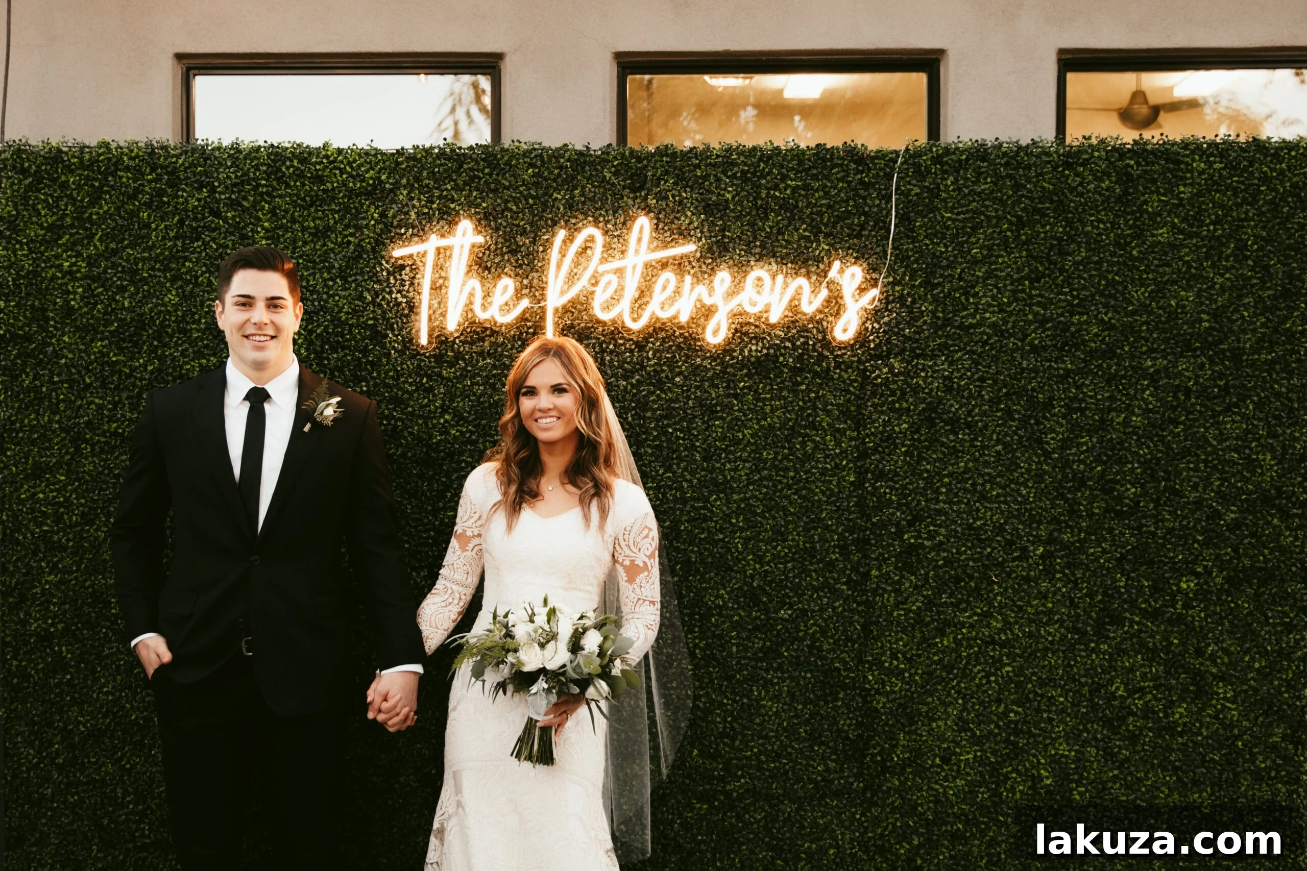 Greenery Wall with LED personalized sign for wedding. How to build greenery wall for wedding