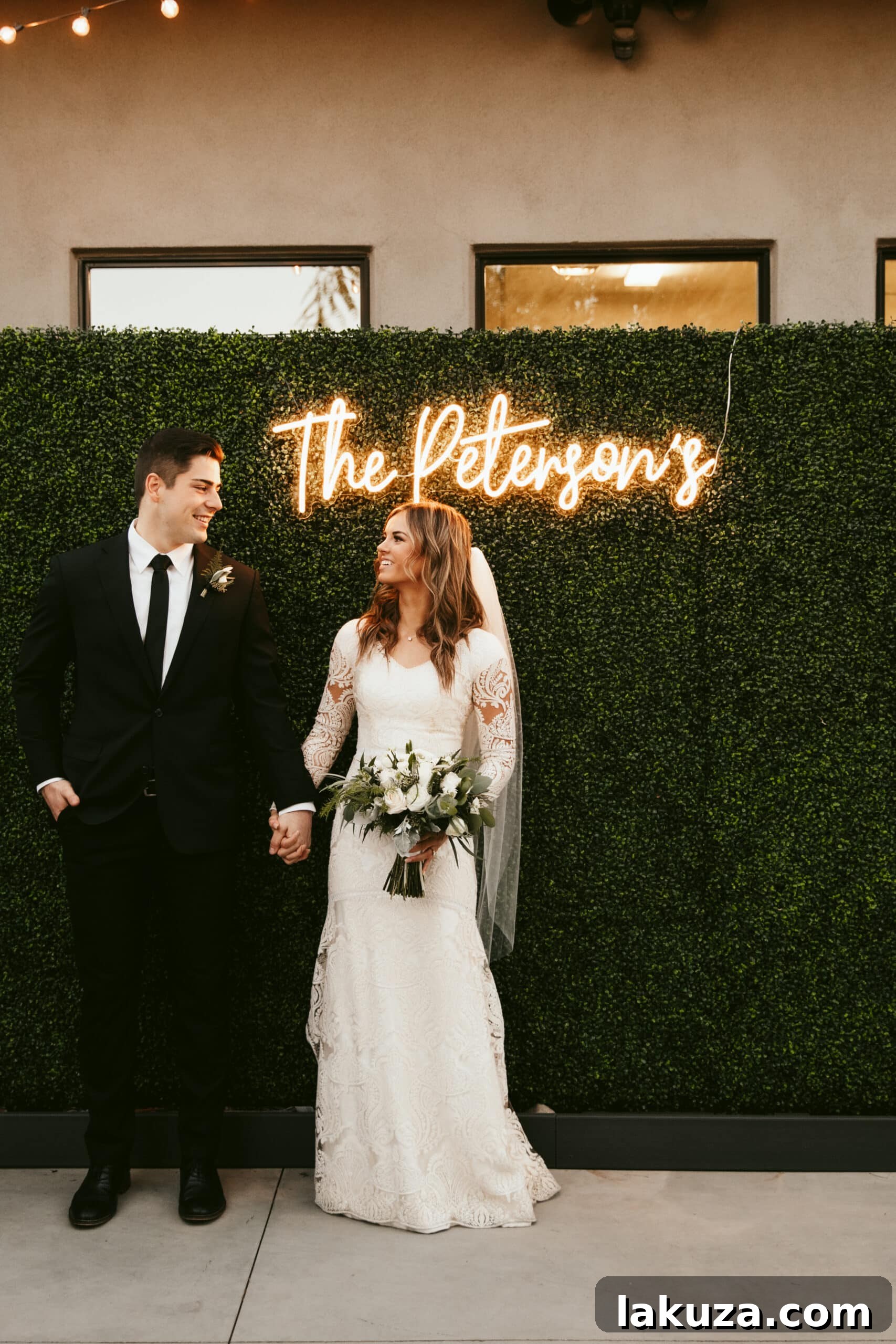 Greenery Wall with LED personalized sign for wedding. How to build greenery wall for wedding