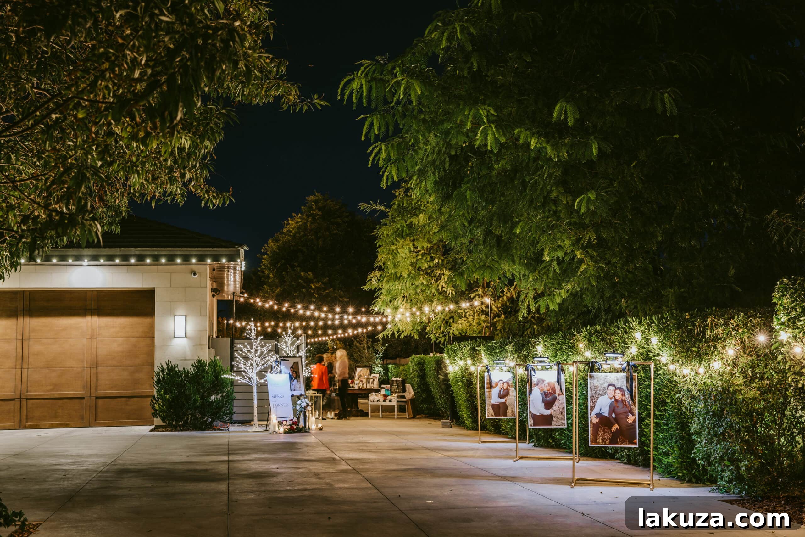 Wedding venue illuminated with warm lights at night