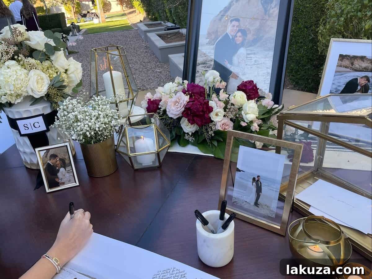 Wedding sign-in book with candid couple photos