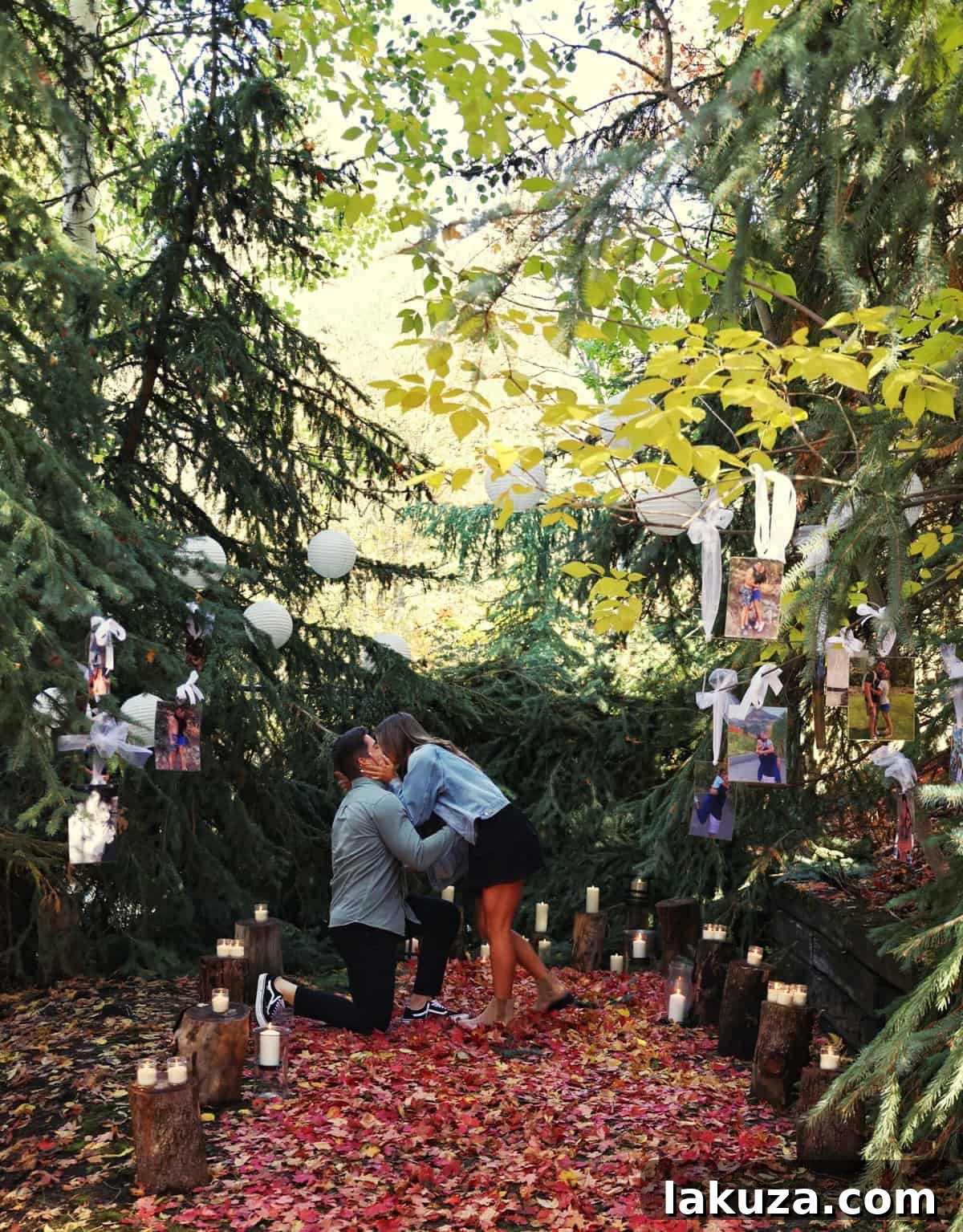 Conner proposing to Sierra amidst autumn leaves and romantic decor in Sundance, Utah