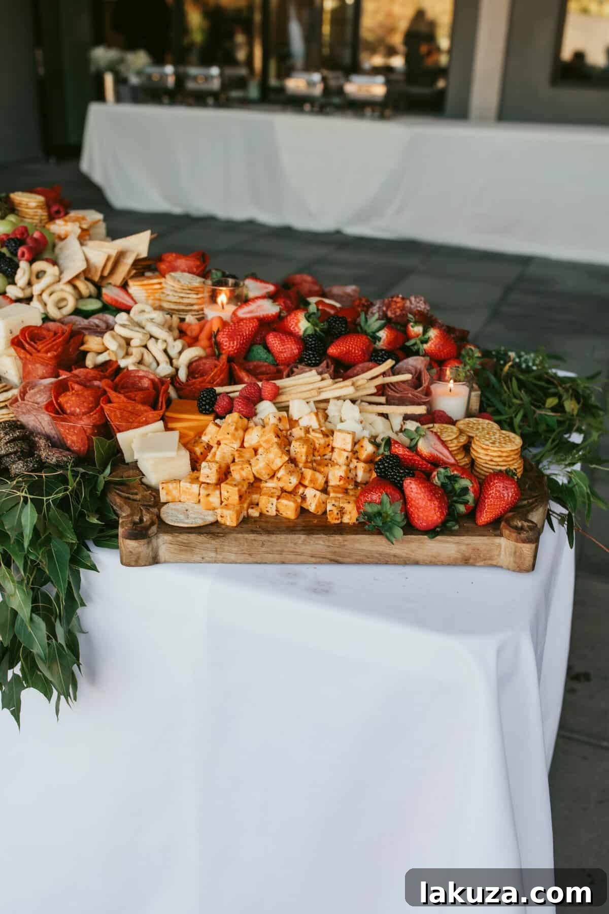 Gourmet charcuterie board with cheeses, meats, and fruits for wedding reception