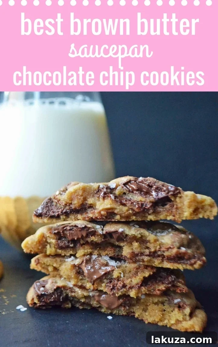 A Pinterest pin featuring MJ's Top Secret Brown Butter Saucepan Chocolate Chip Cookies, promoting the ultimate homemade cookie recipe.