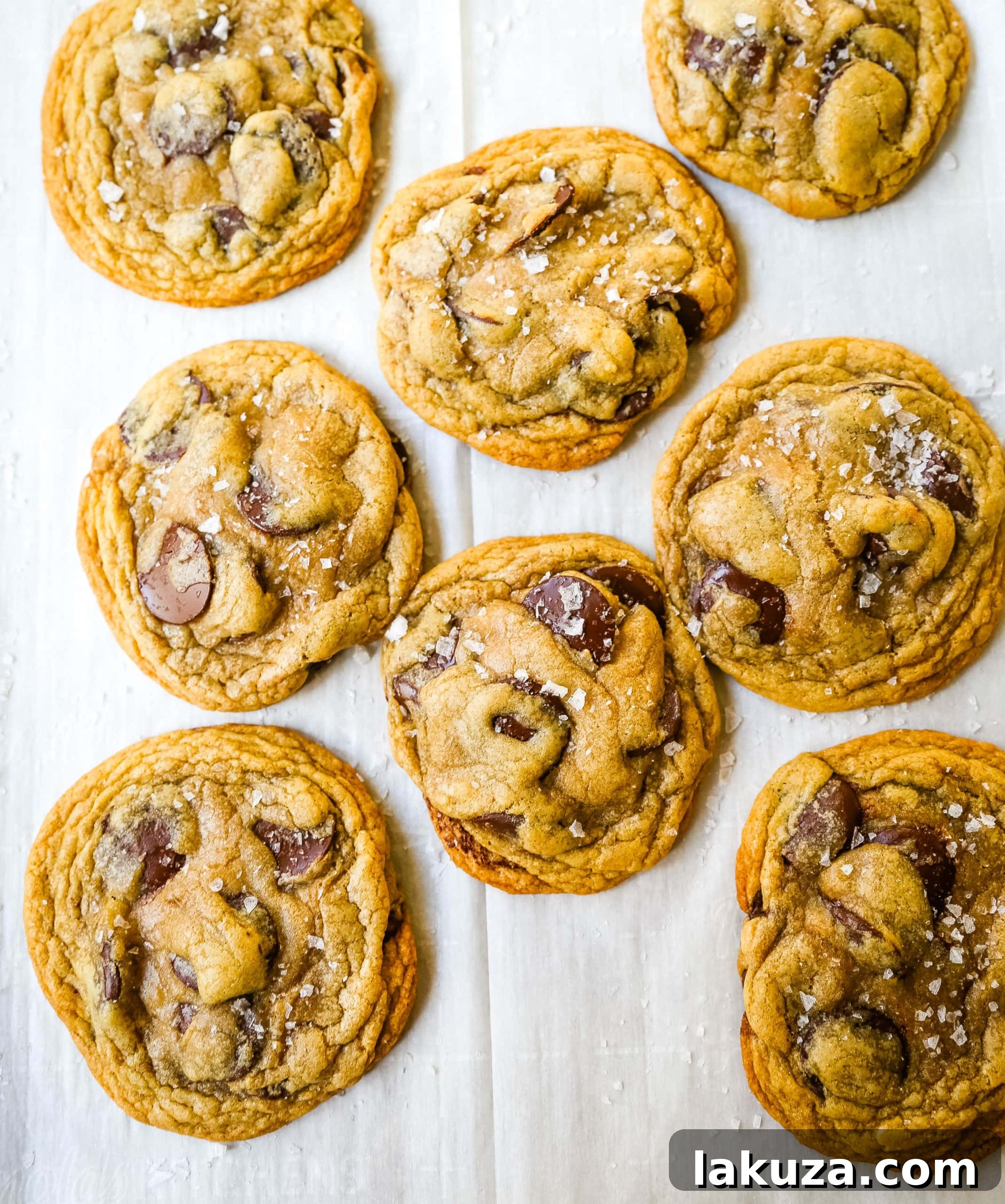 Close-up of a single browned butter chocolate chip cookie, highlighting its golden exterior and the glistening melted chocolate within, inviting a bite.