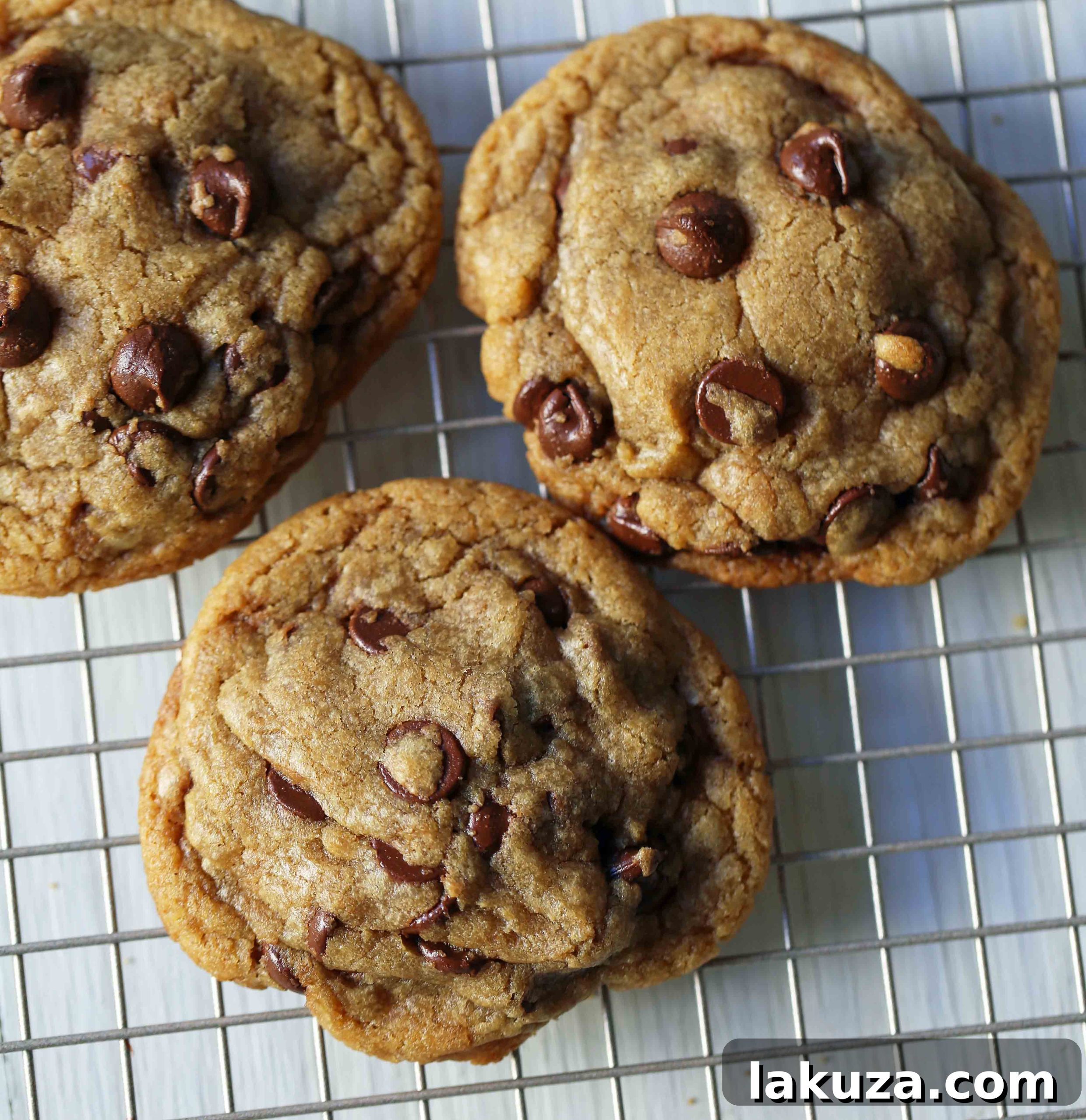 Delicious brown butter chocolate chip cookies, freshly baked and scattered with sea salt flakes, offering a delightful sweet and salty contrast.