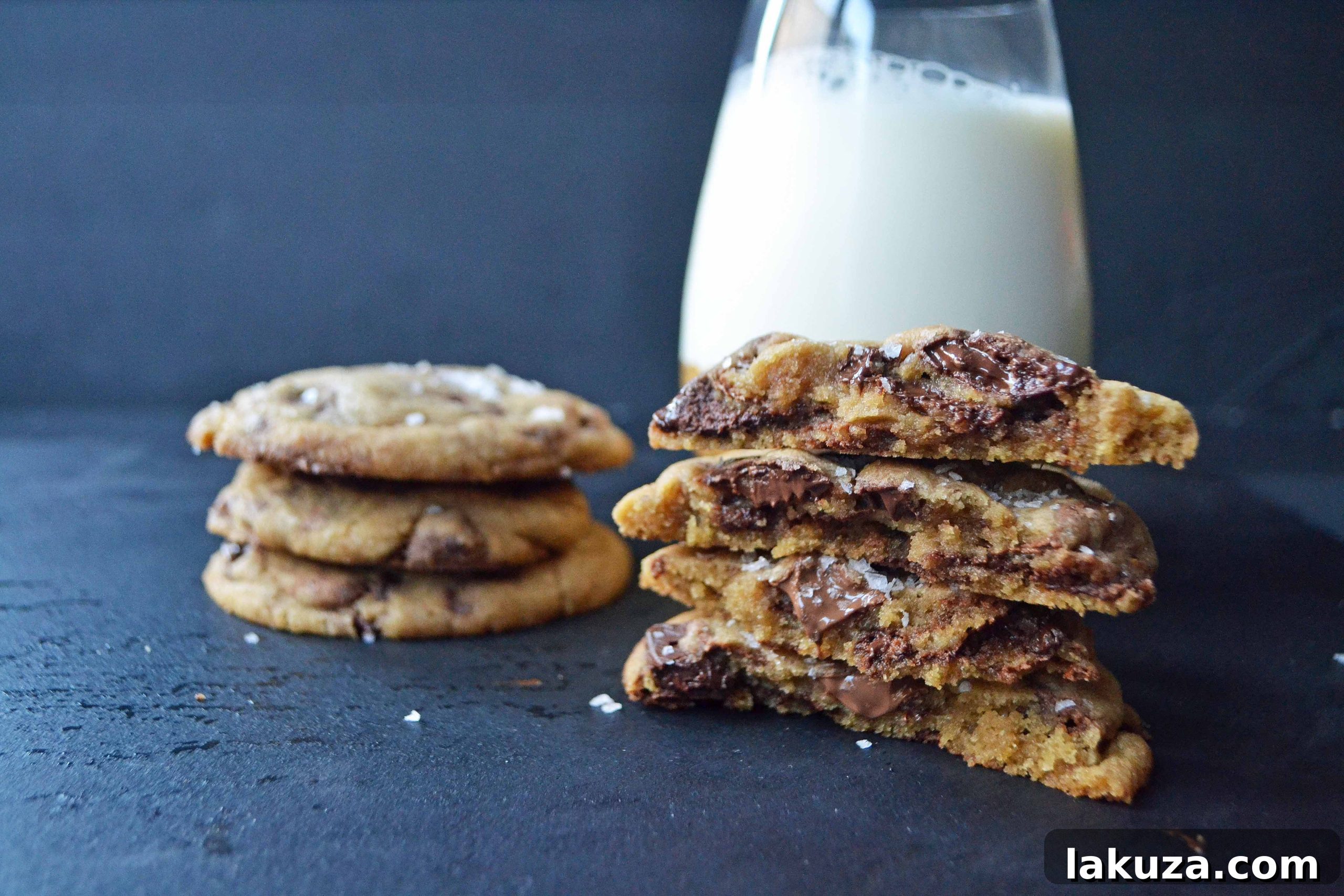 Overhead shot of two perfectly round, golden-browned butter chocolate chip cookies with visible melted chocolate.