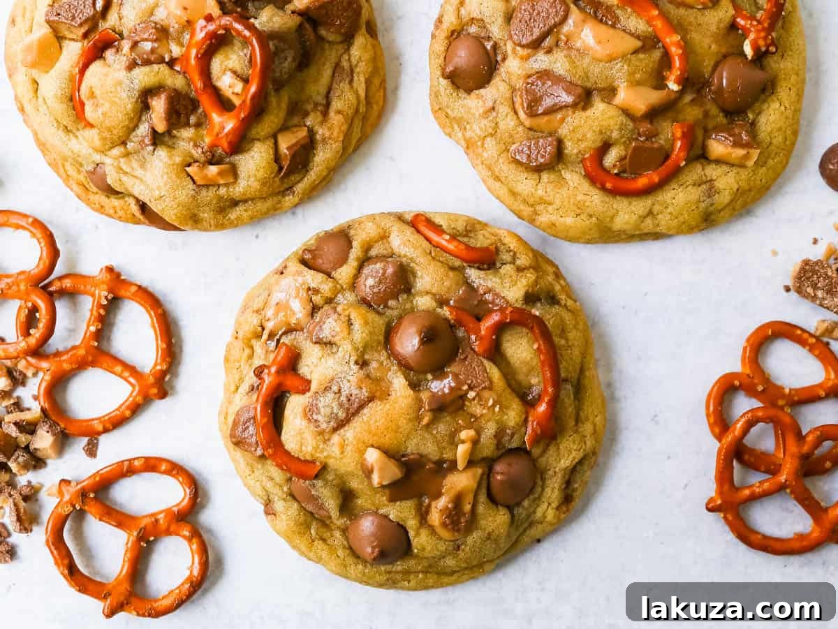 Irresistible Toffee, Chocolate Chip, and Pretzel Cookies: the perfect blend of salty and sweet in a bakery-style treat.