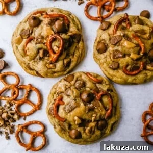 The ultimate Toffee Chocolate Chip Pretzel Cookies: buttery, sweet, and salty, perfect for any occasion.