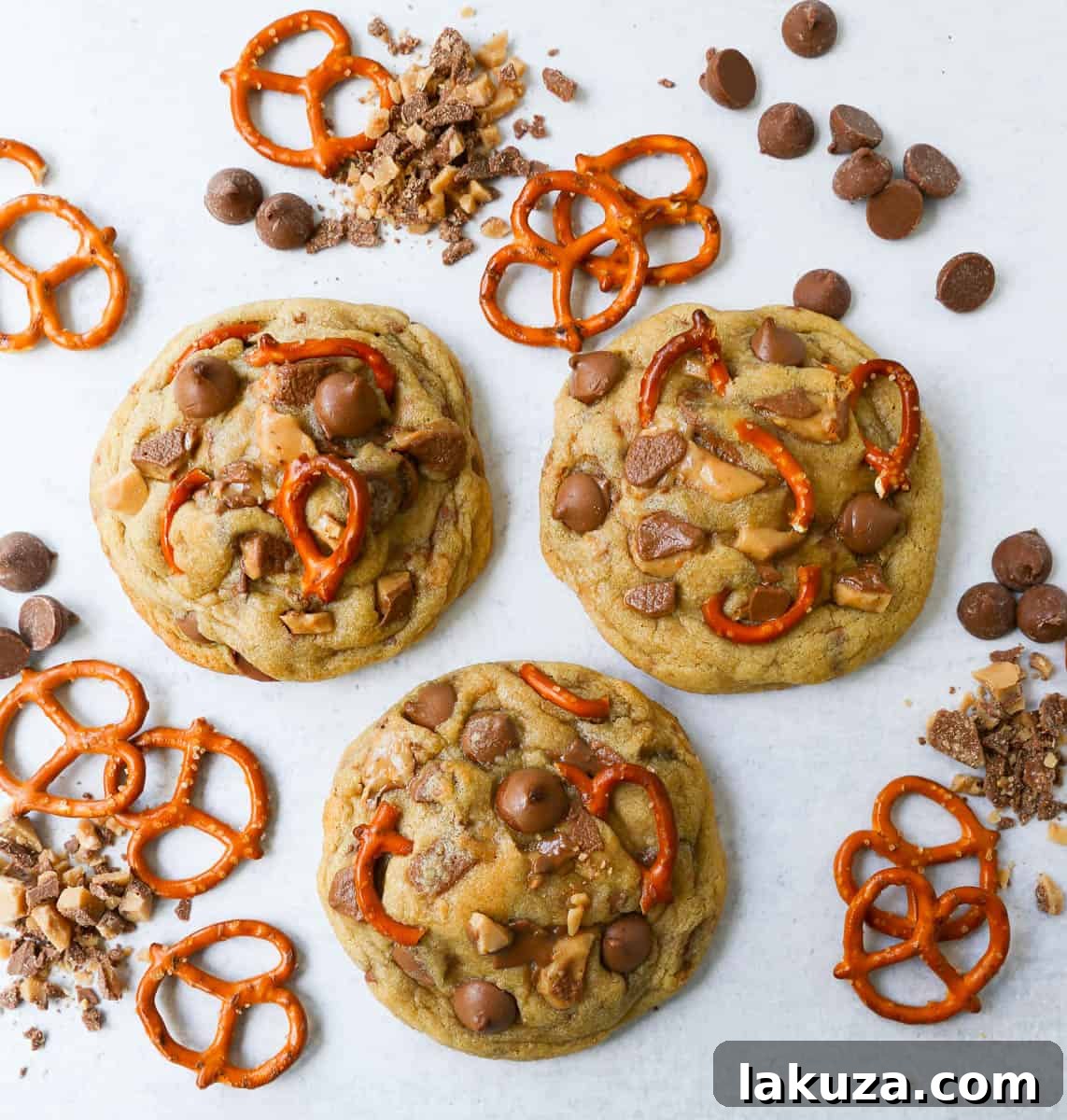 Three thick and chewy chocolate toffee pretzel cookies, loaded with crushed pretzels, chopped toffee, and milk chocolate chips.
