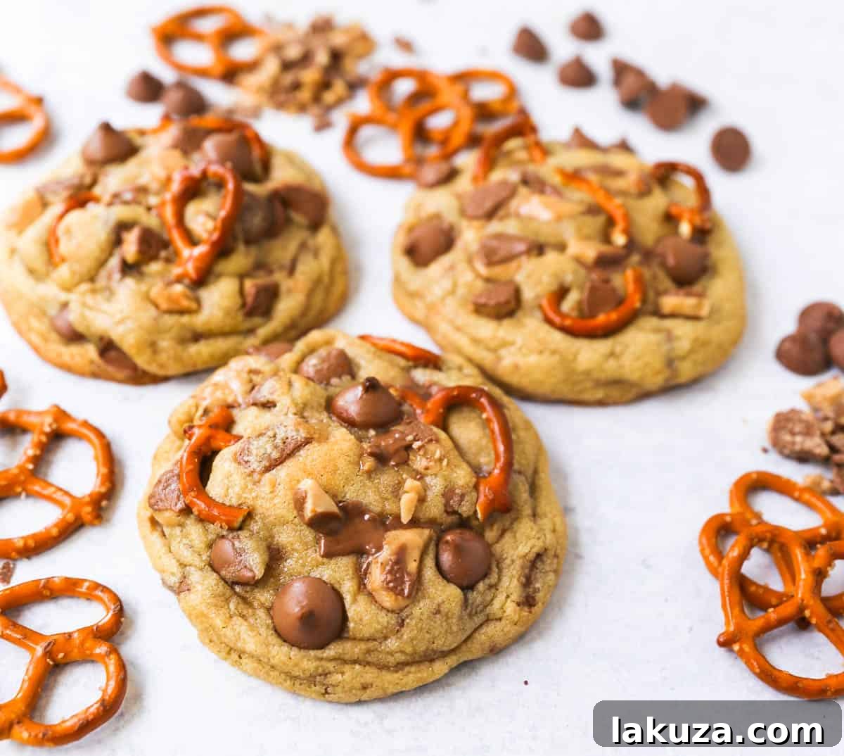 The best toffee cookies! Soft, chewy, with salty pretzels, sweet toffee, and creamy chocolate chips. A perfect blend of textures and flavors.