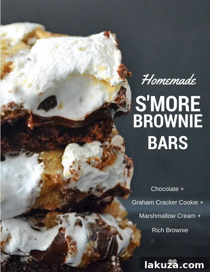 Stacked S'mores Brownie Bars showing all the delicious layers